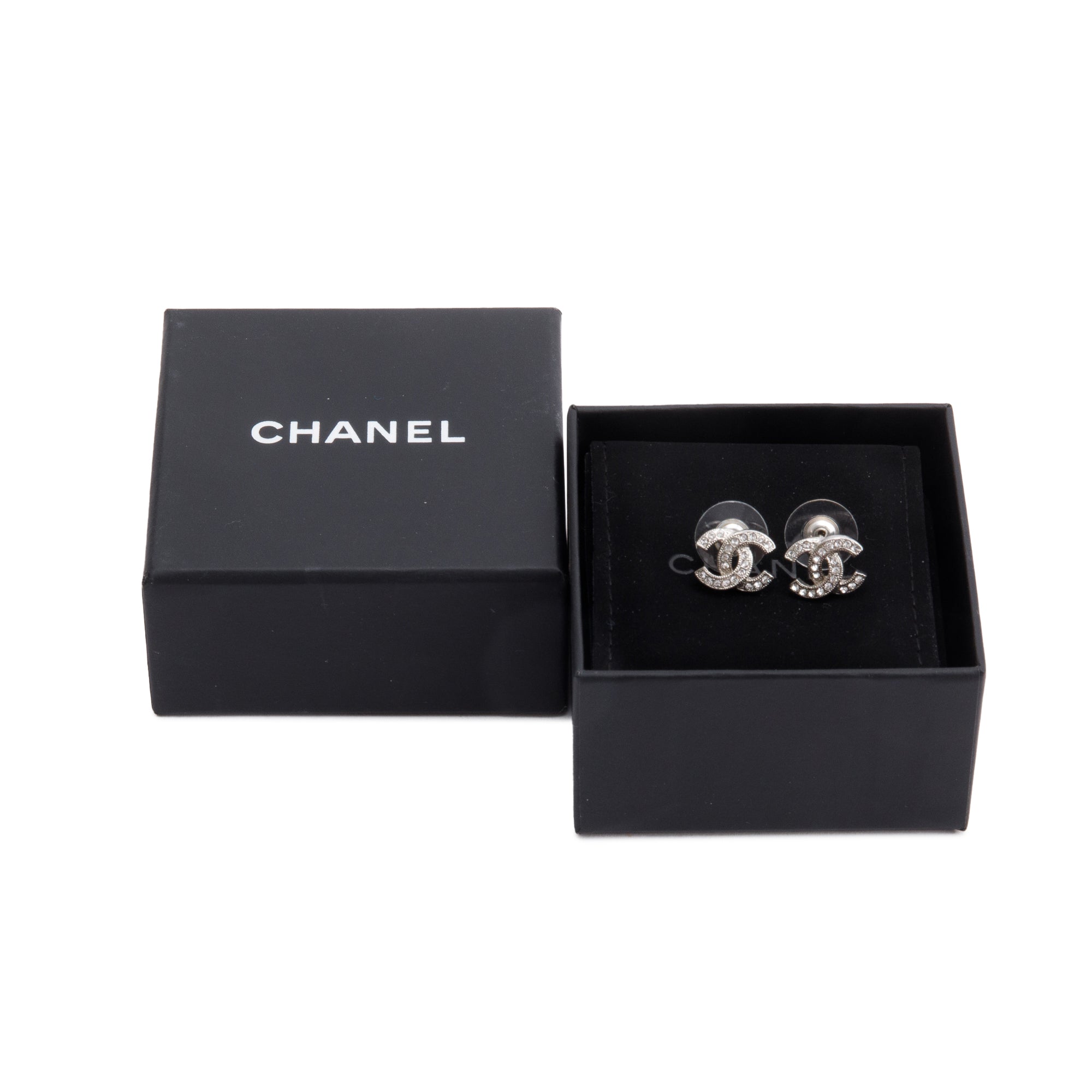 Chanel Palladium Plated Strass CC Stud Earrings w/ Box