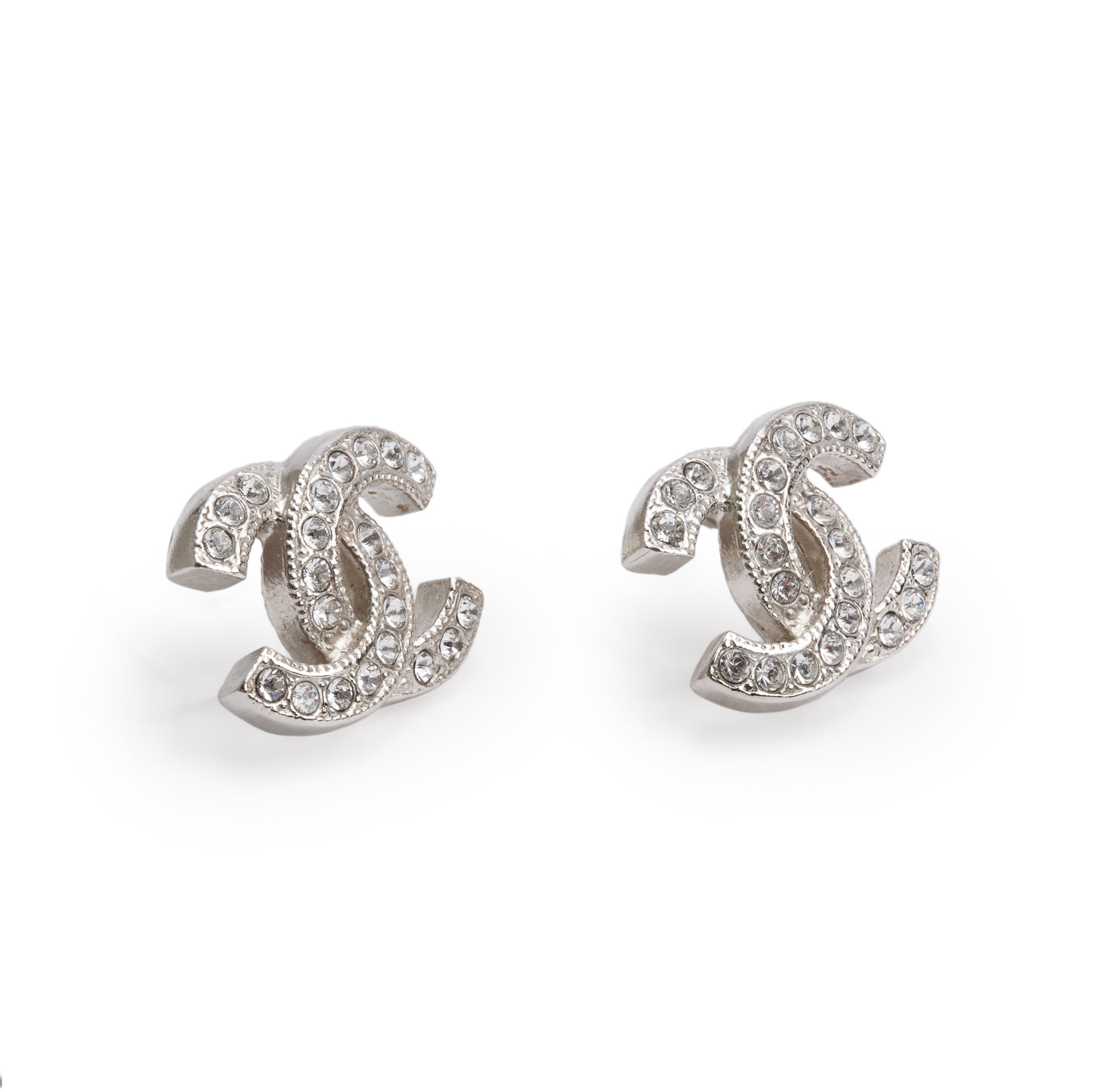 Chanel Palladium Plated Strass CC Stud Earrings w/ Box