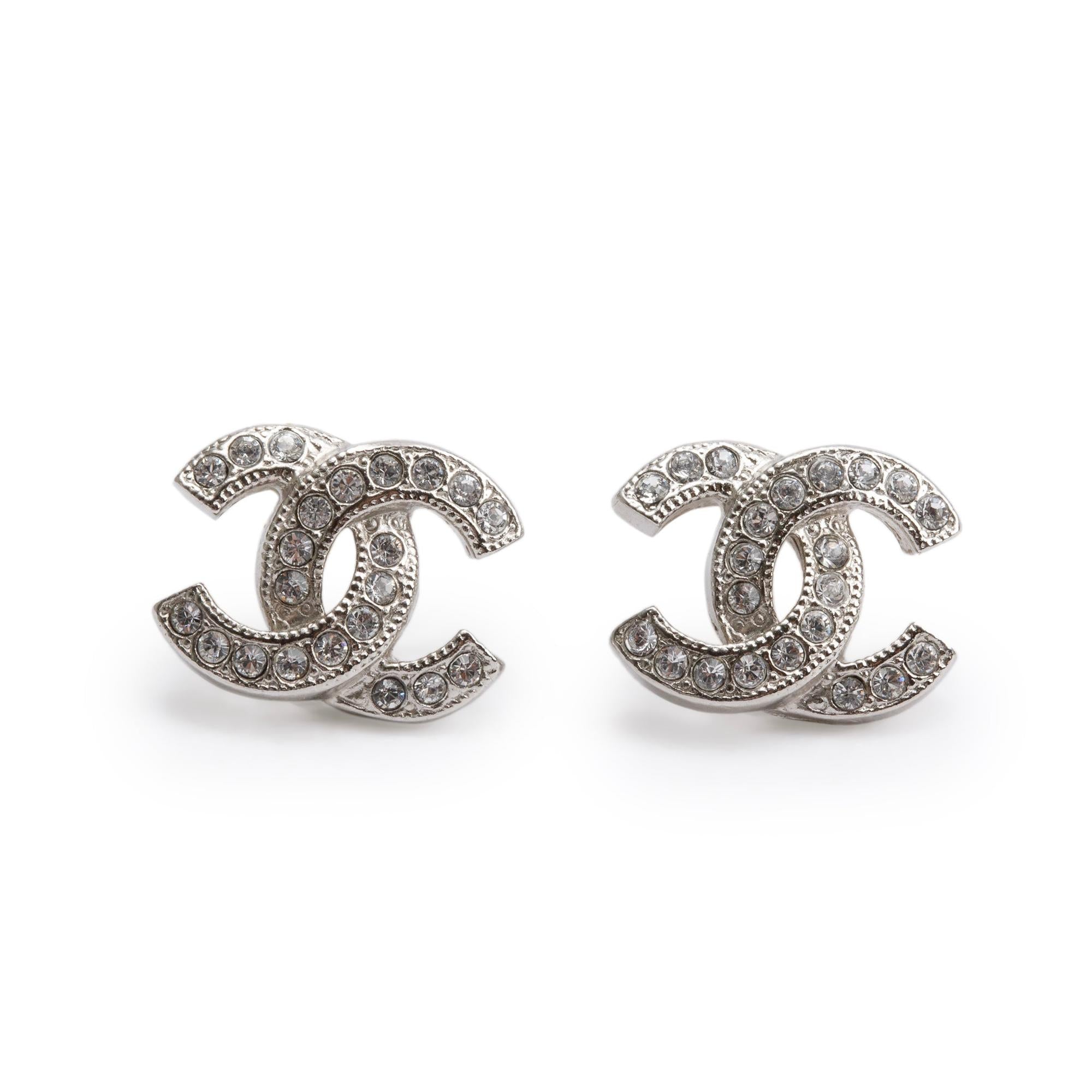 Chanel Palladium Plated Strass CC Stud Earrings w/ Box