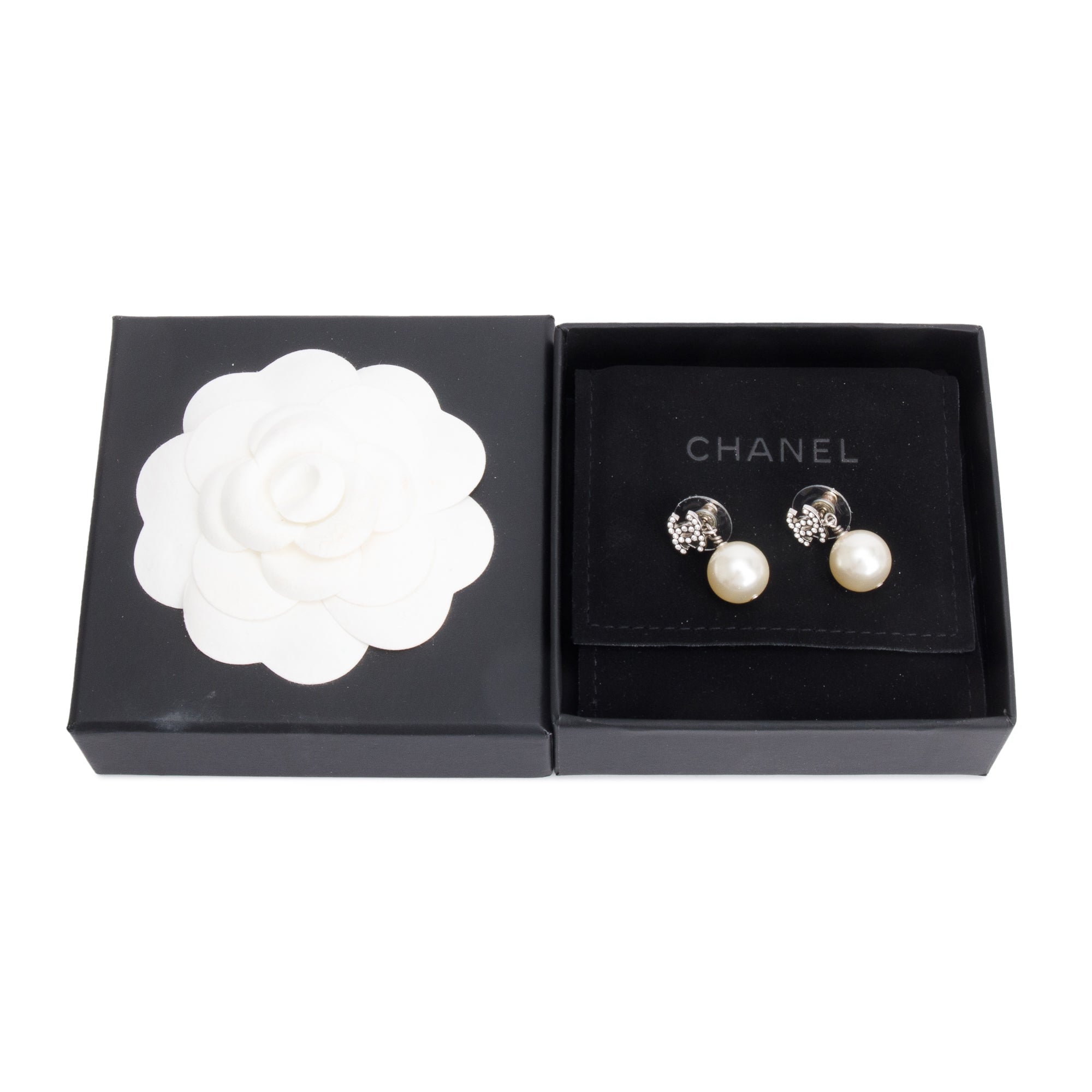 Chanel Palladium Plated Strass & Faux Pearl CC Drop Earrings w/ Box