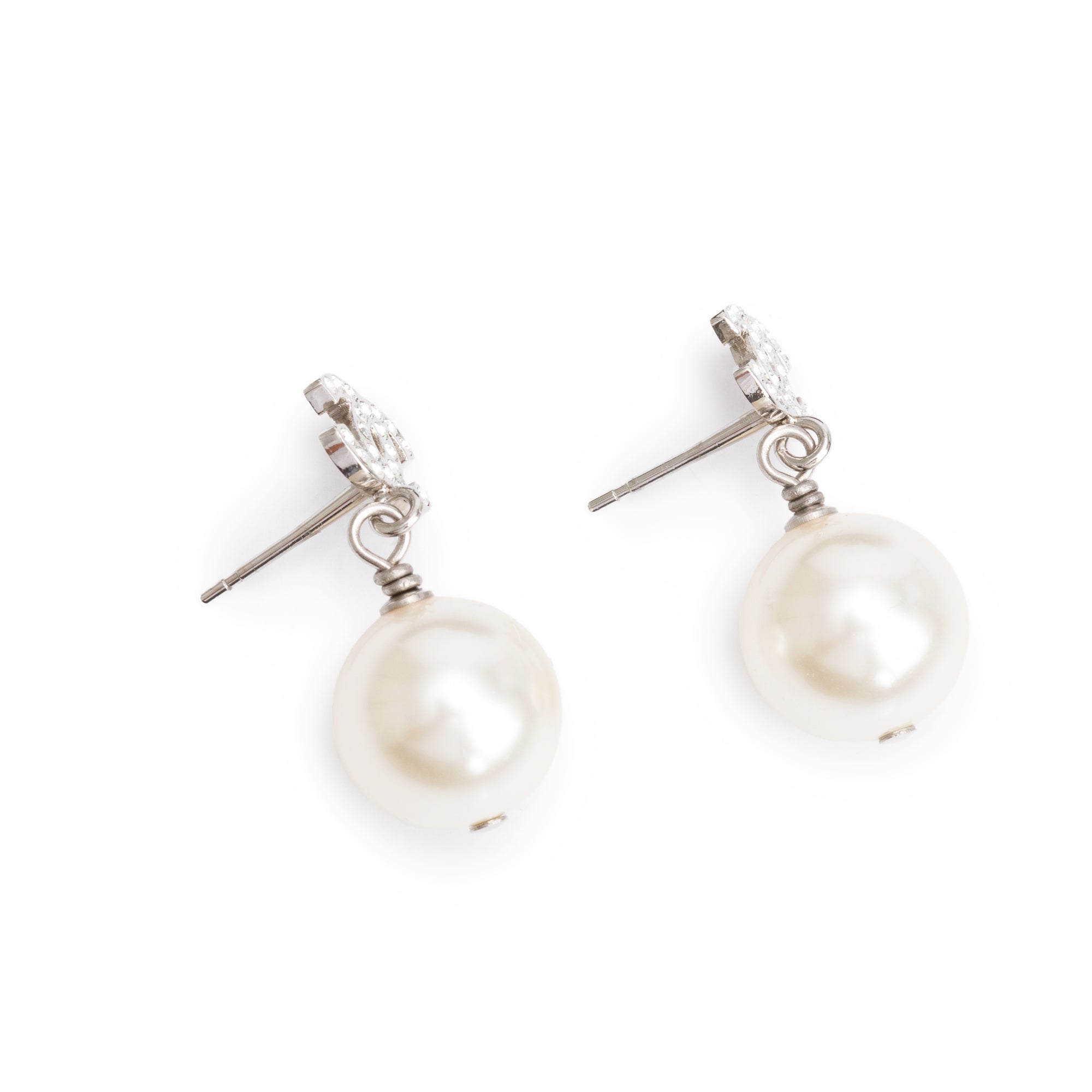 Chanel Palladium Plated Strass & Faux Pearl CC Drop Earrings w/ Box