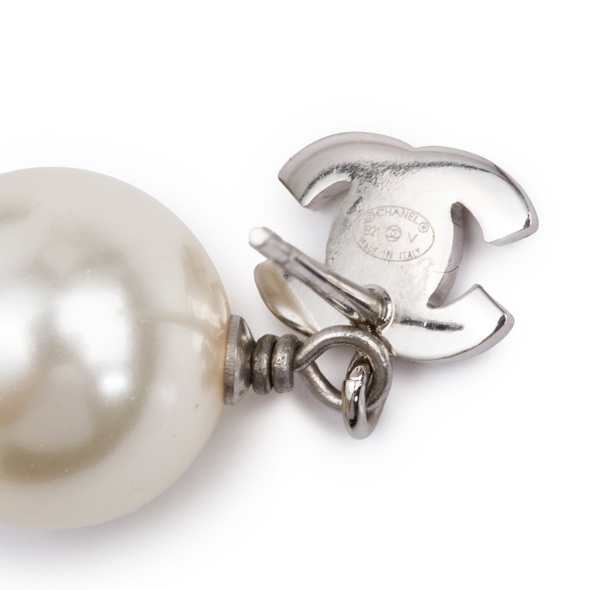 Chanel Palladium Plated Strass & Faux Pearl CC Drop Earrings w/ Box