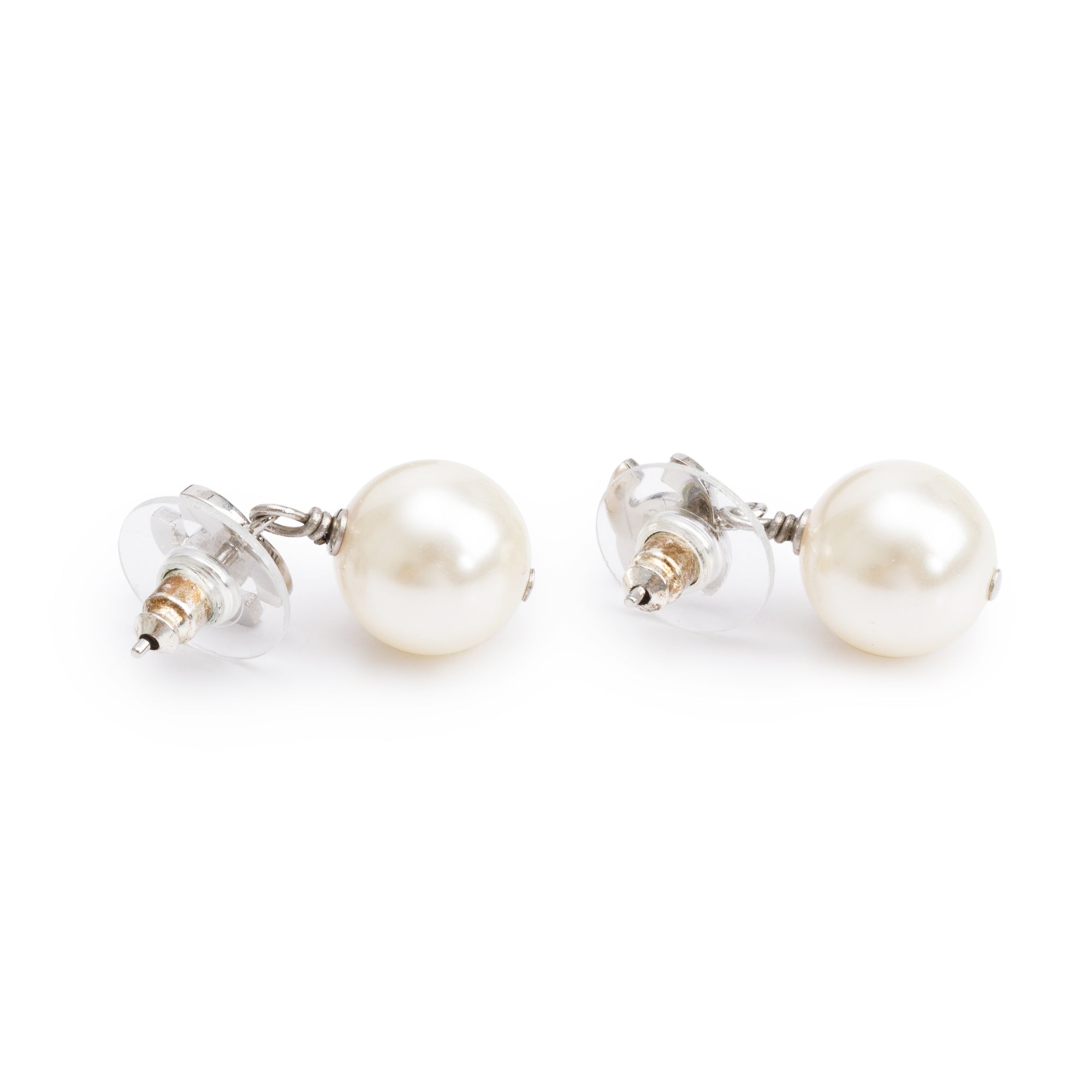 Chanel Palladium Plated Strass & Faux Pearl CC Drop Earrings w/ Box