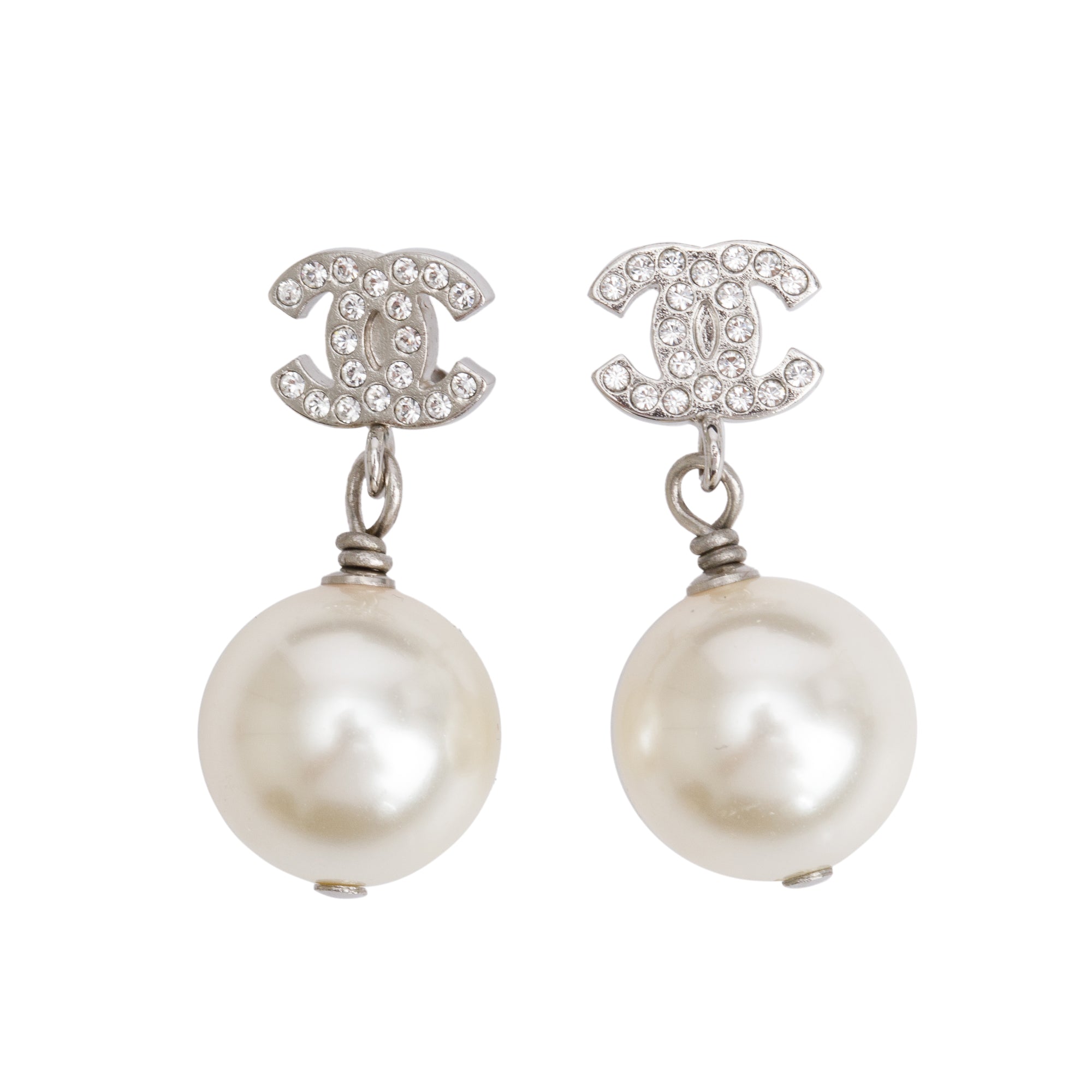Chanel Palladium Plated Strass & Faux Pearl CC Drop Earrings w/ Box