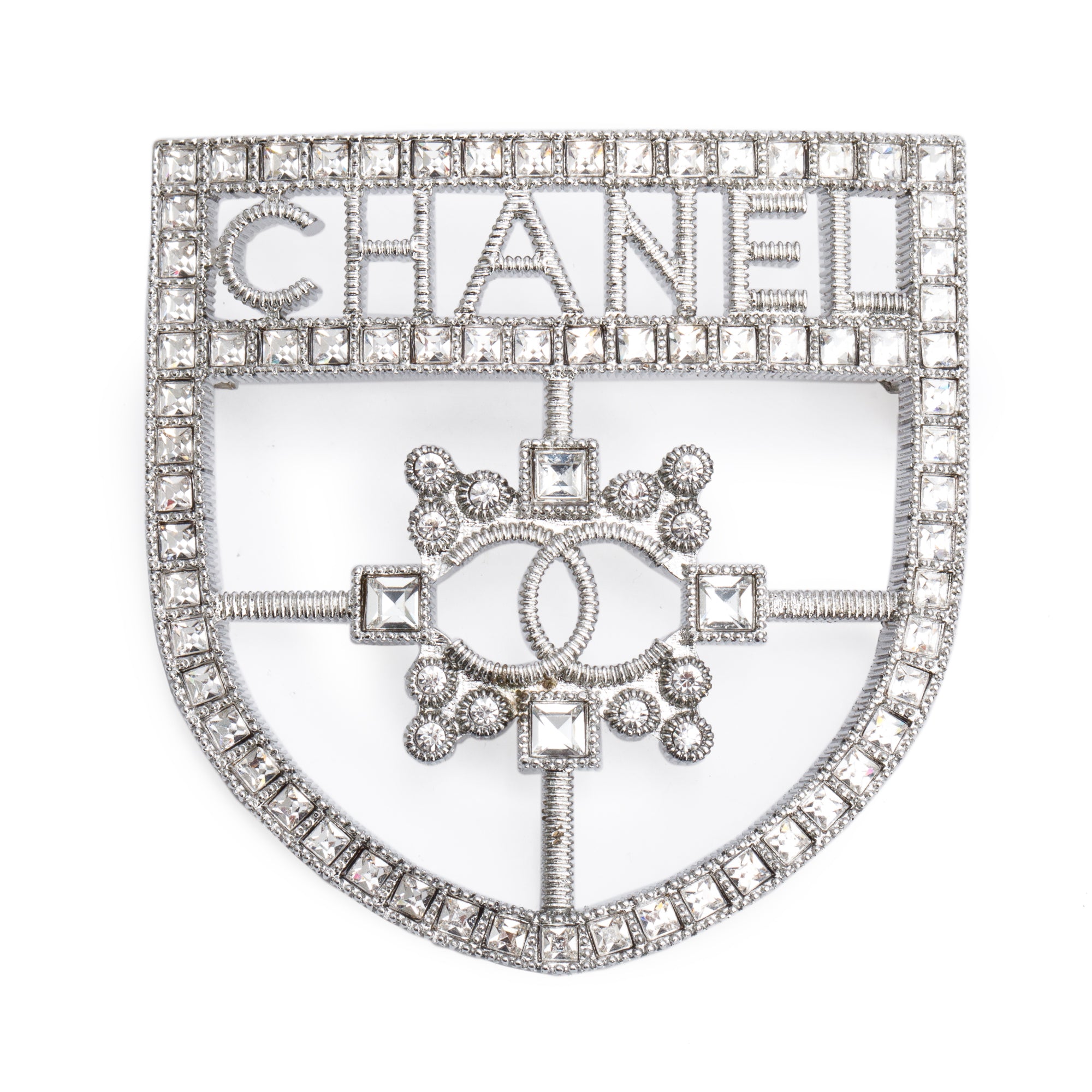 Chanel Palladium Plated Strass Logo Shield Brooch