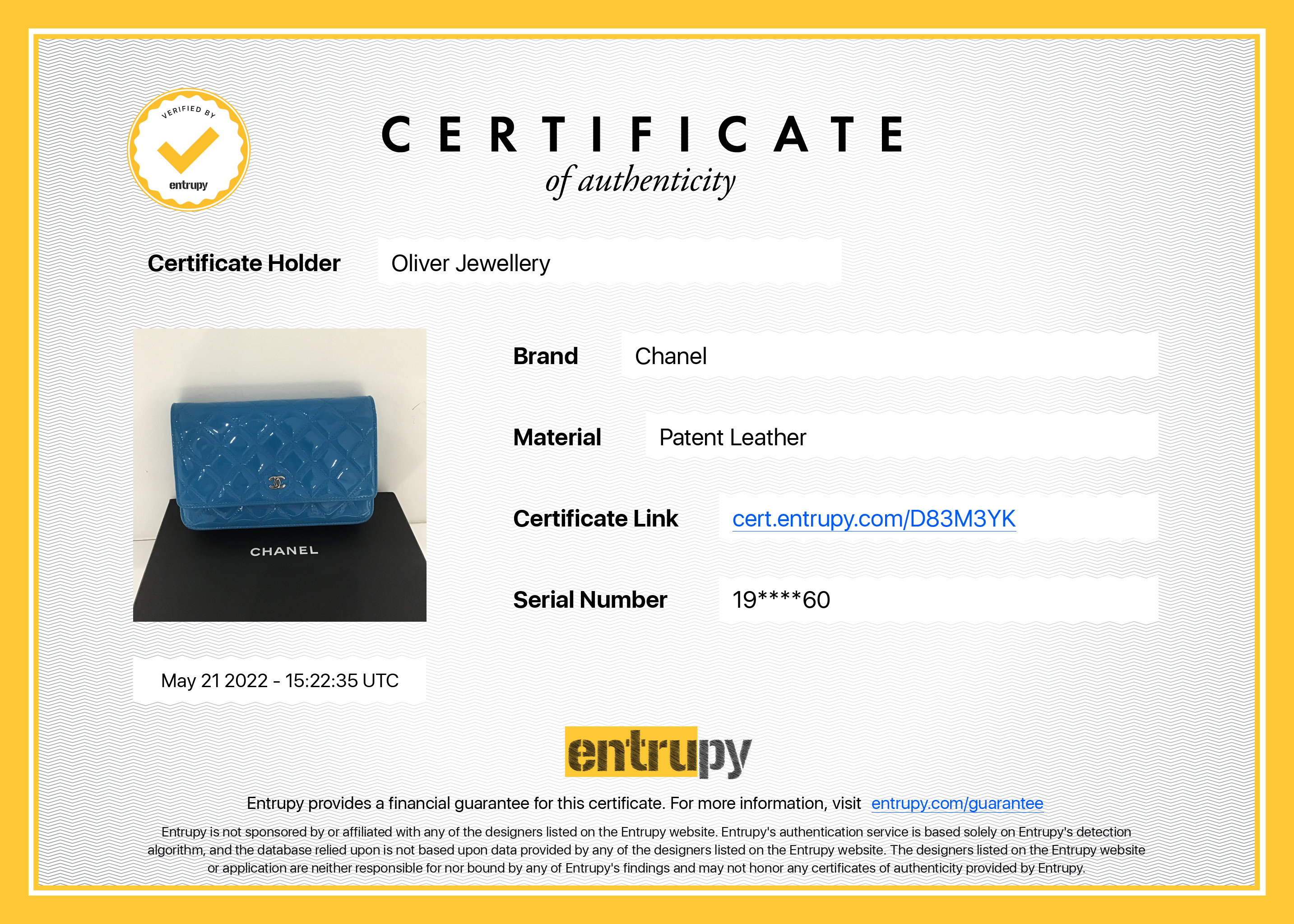 Chanel Patent Leather Classic Wallet on Chain w/ Box & Authenticity Card