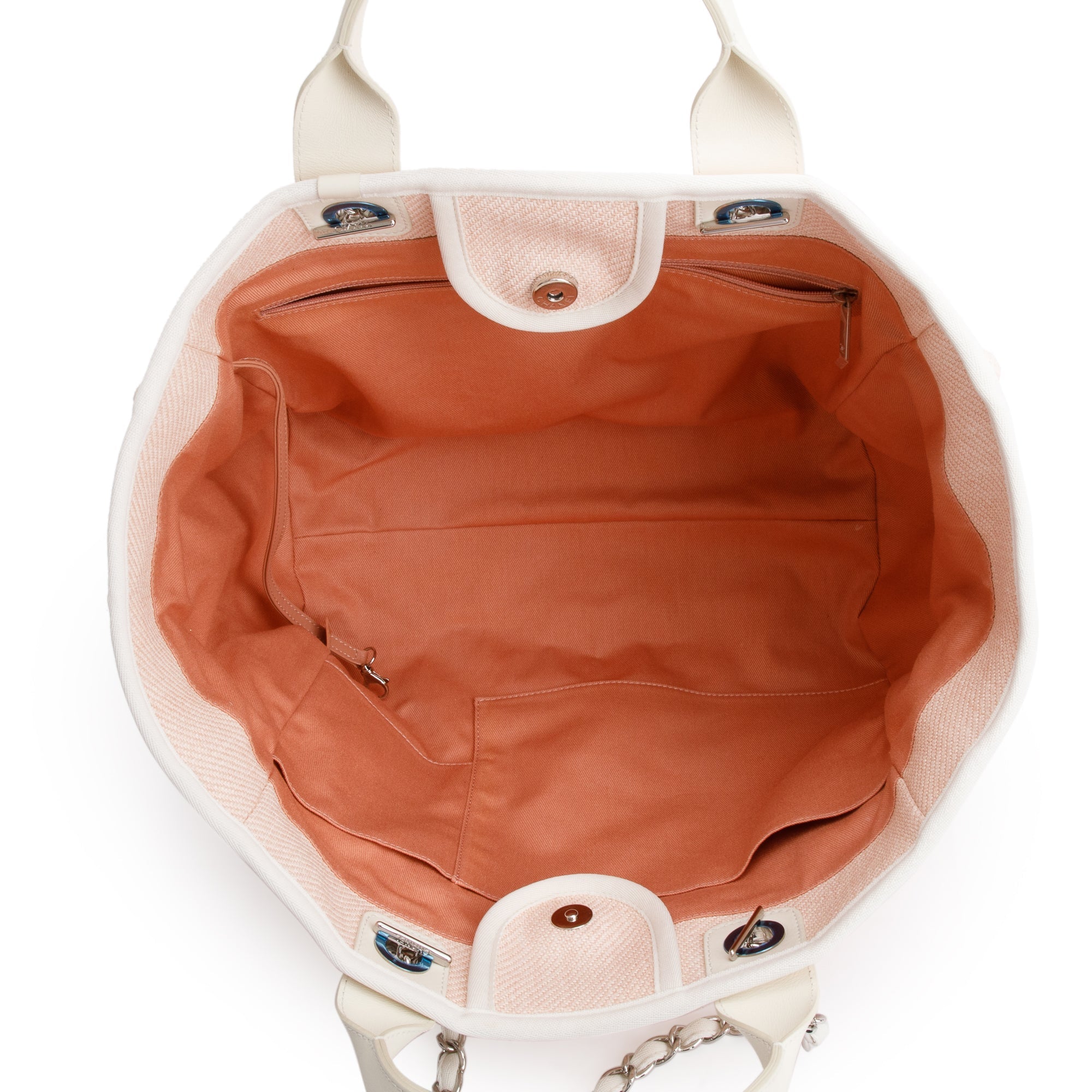 Chanel Pink Canvas White Calfskin Medium Deauville Shopping Tote w/ Box & Authenticity Card