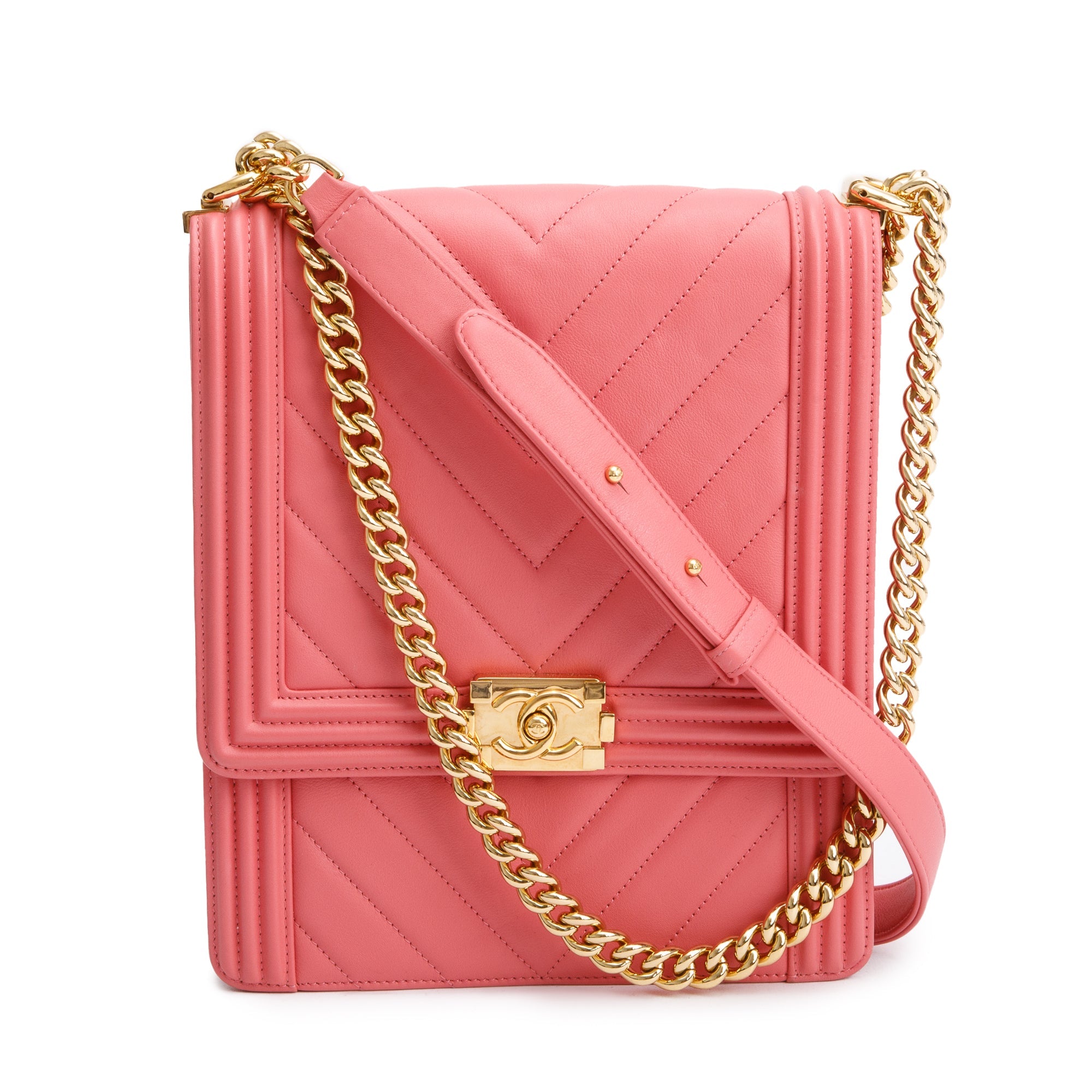 Chanel Pink Chevron Calfskin Leather North/South Boy Bag