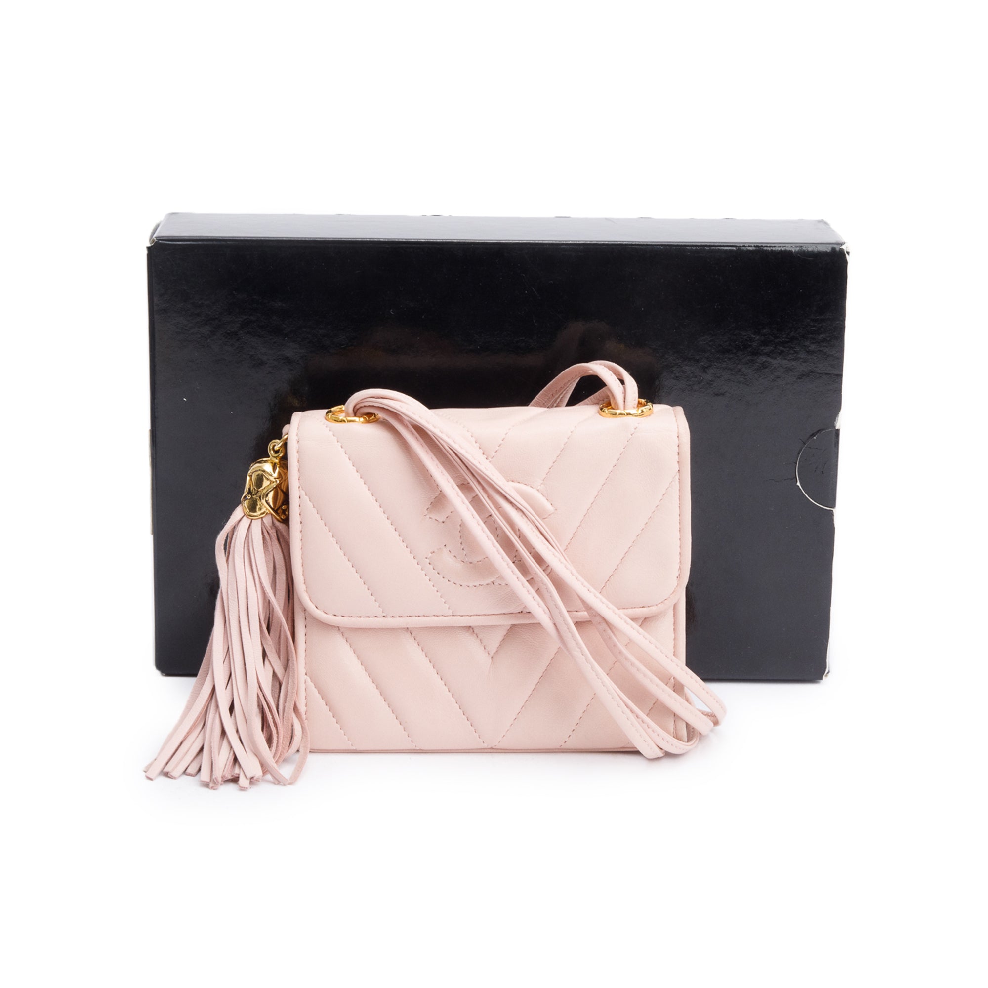 Chanel Pink Chevron Lambskin Leather Tassel Mini Flap Bag w/ Box