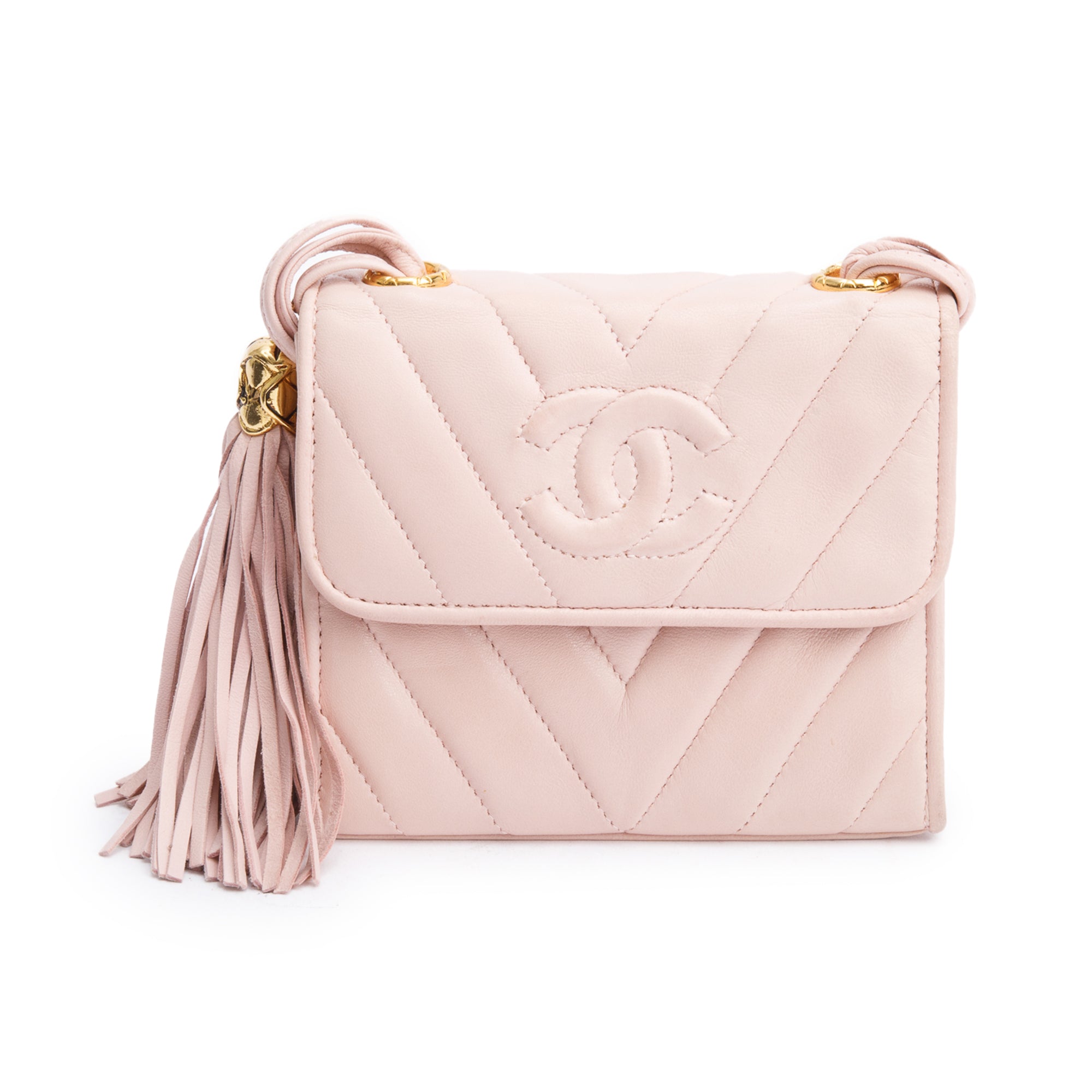 Chanel Pink Chevron Lambskin Leather Tassel Mini Flap Bag w/ Box