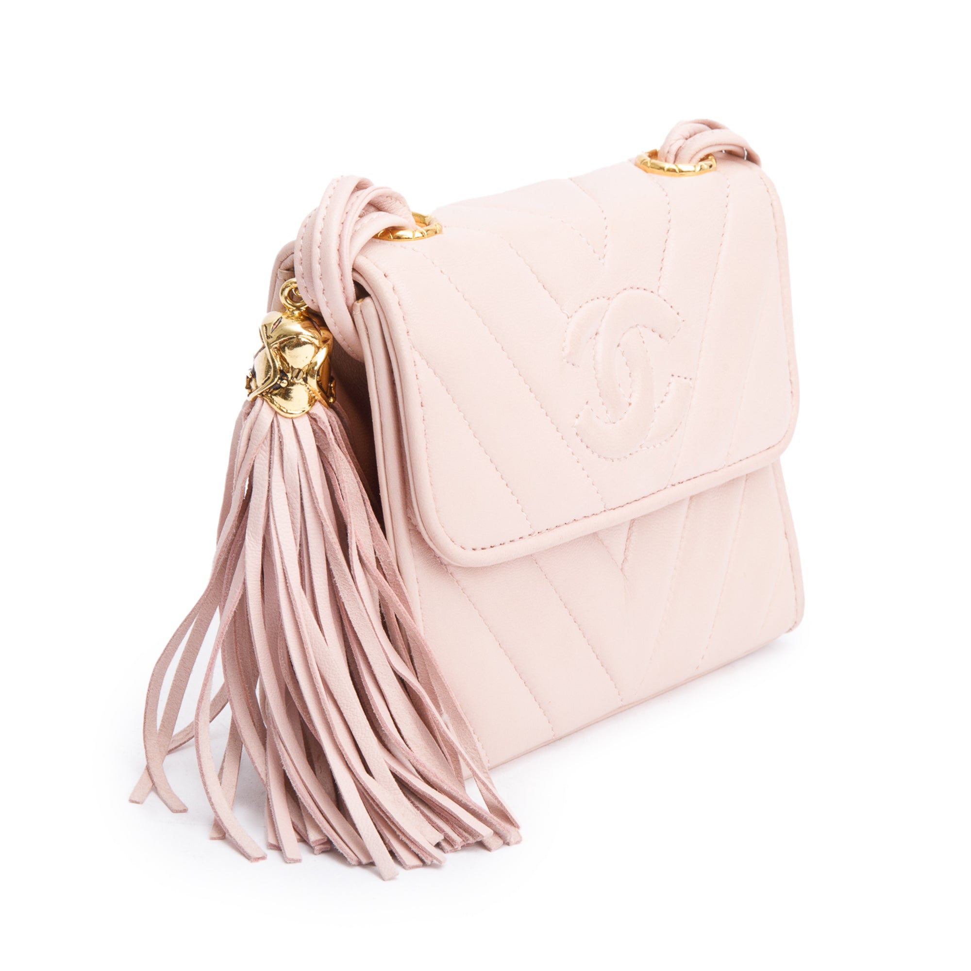 Chanel Pink Chevron Lambskin Leather Tassel Mini Flap Bag w/ Box