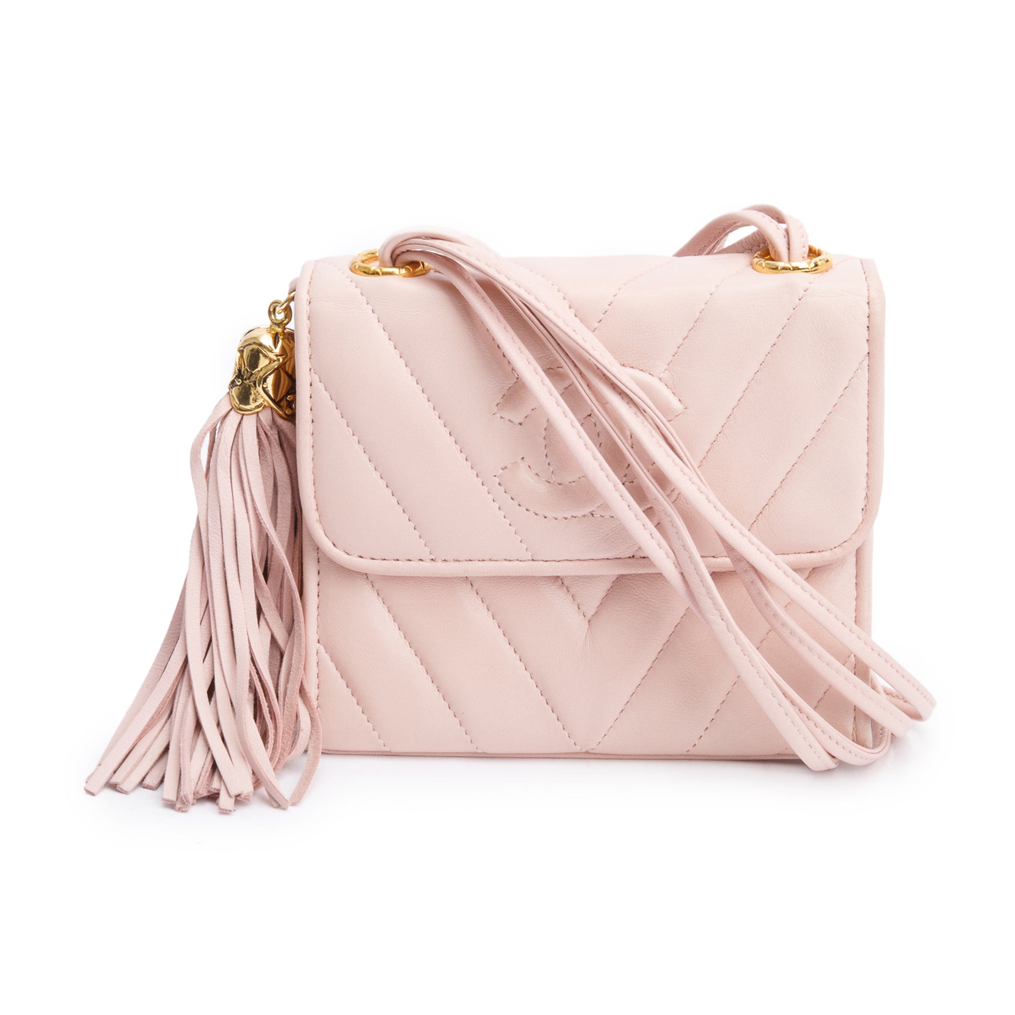 Chanel Pink Chevron Lambskin Leather Tassel Mini Flap Bag w/ Box