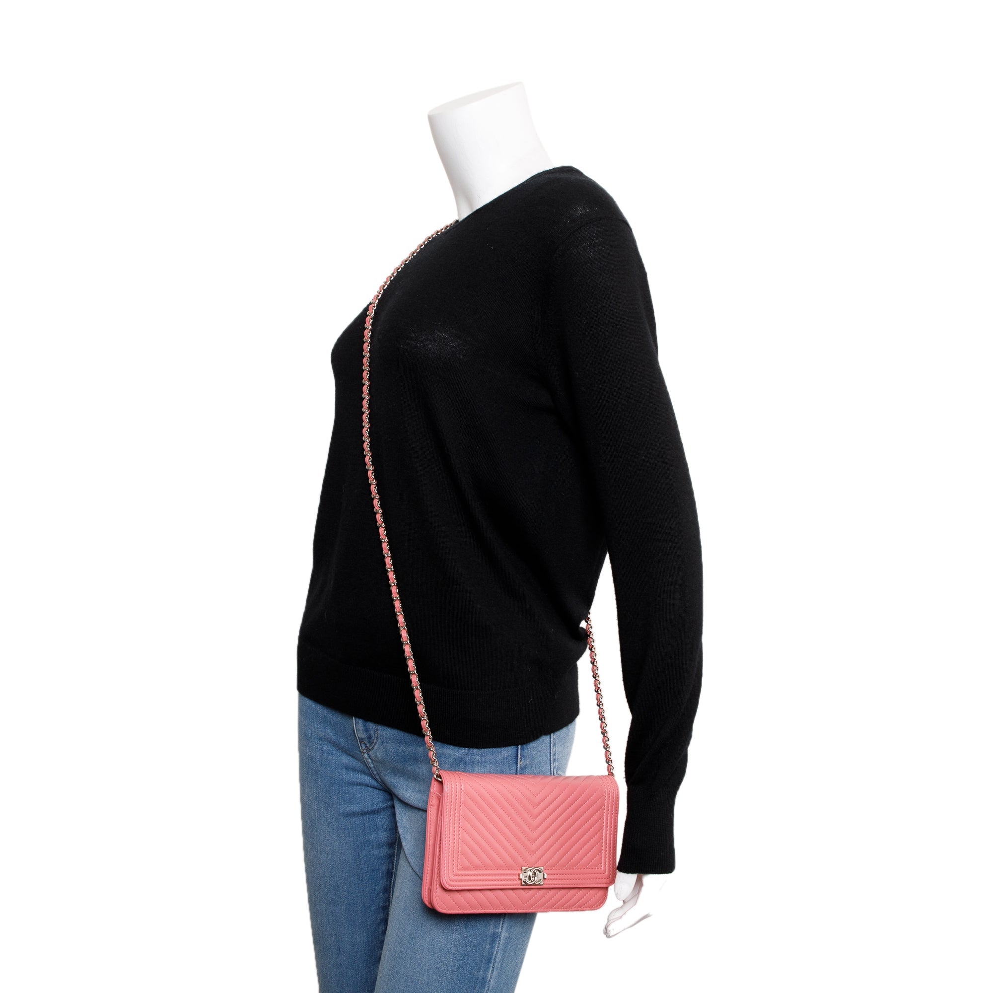 Chanel Pink Lambskin Leather Boy Wallet on Chain