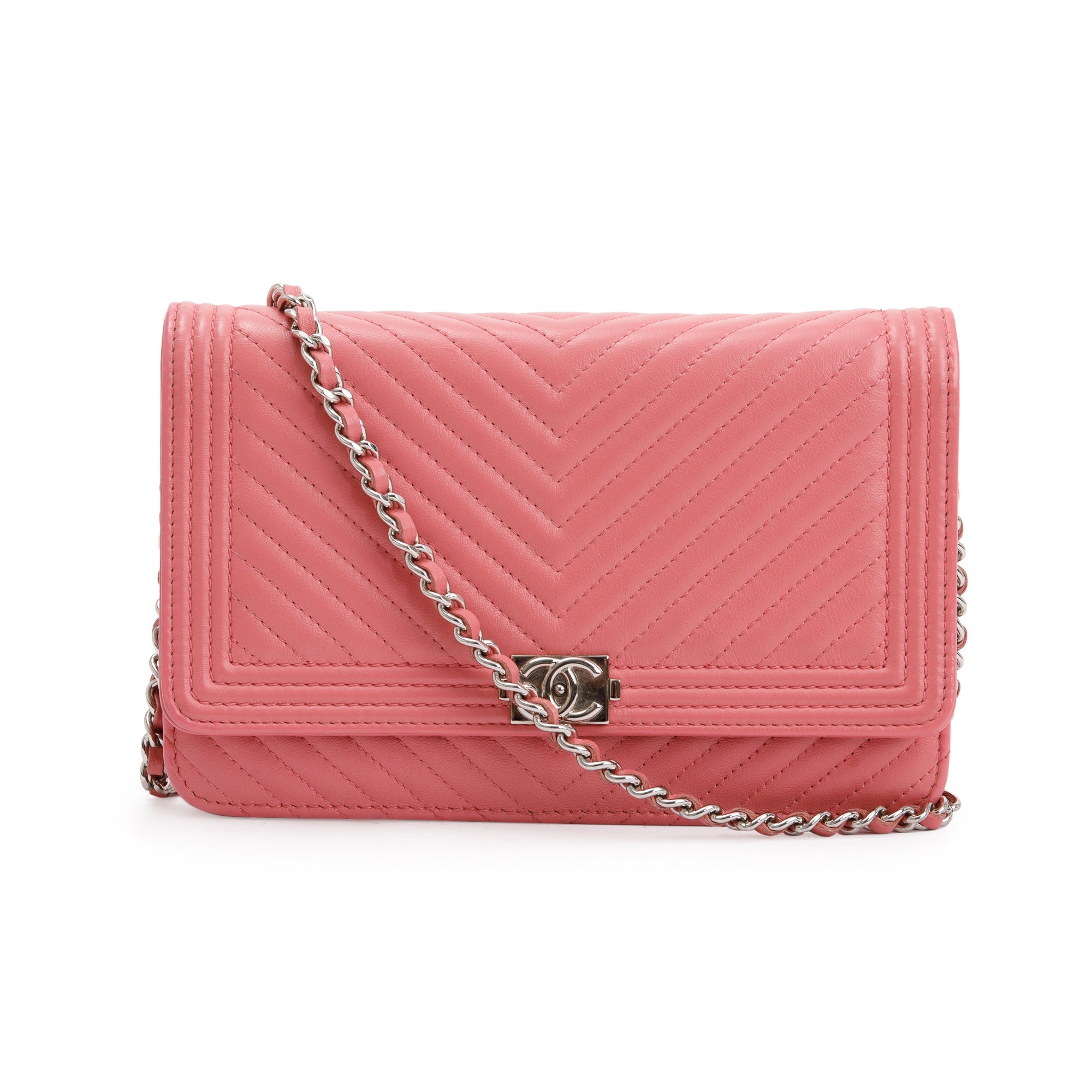 Chanel Pink Lambskin Leather Boy Wallet on Chain