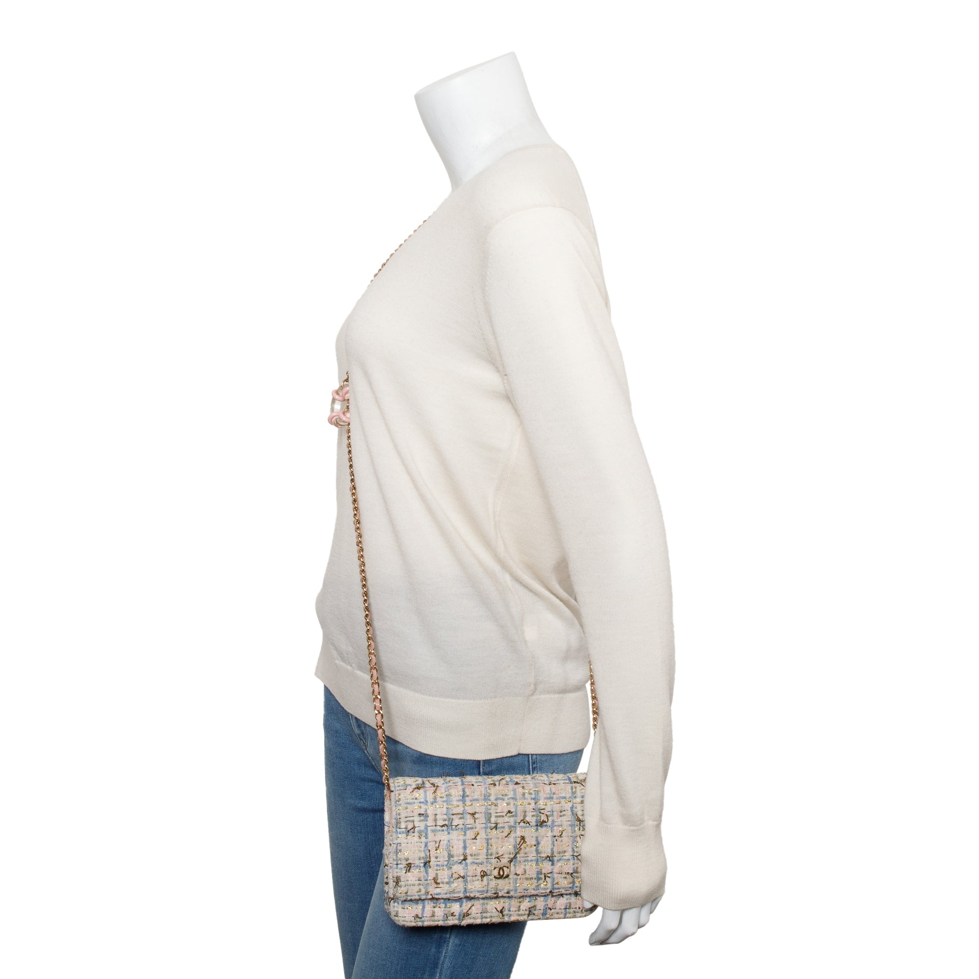 Chanel Pink Multicolor Tweed Classic Wallet On Chain w/ Authenticity Card