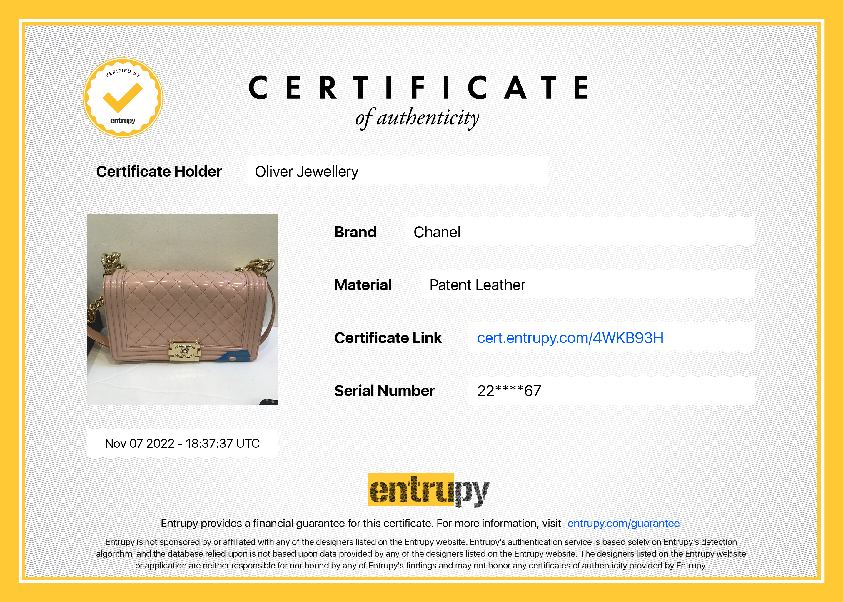 Chanel Pink Patent Leather Medium Boy Bag w/ Box & Authenticity Card