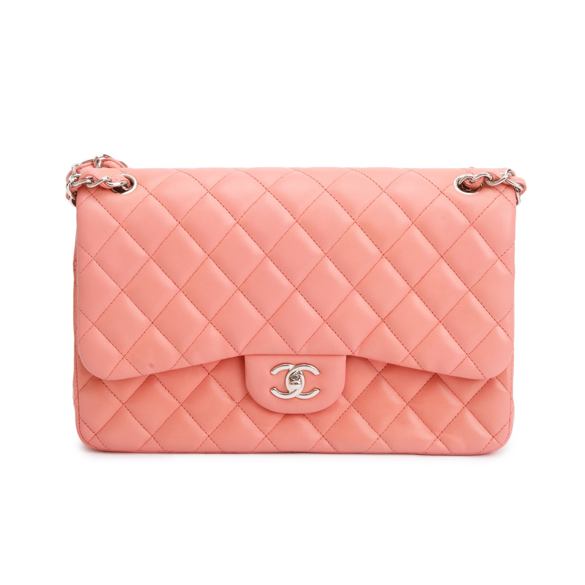 Chanel Pink Quilted Lambskin Leather Classic Jumbo Double Flap Bag w/ Authenticity Card