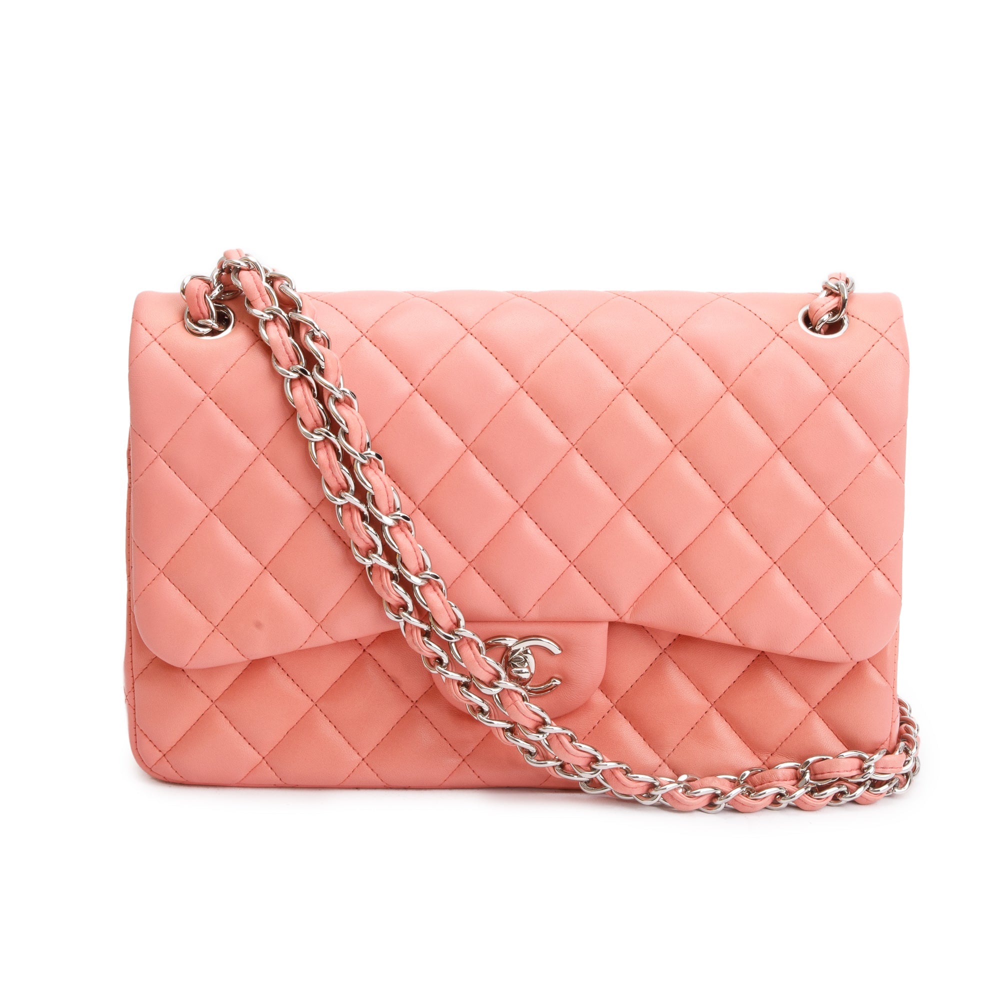 Chanel Pink Quilted Lambskin Leather Classic Jumbo Double Flap Bag w/ Authenticity Card