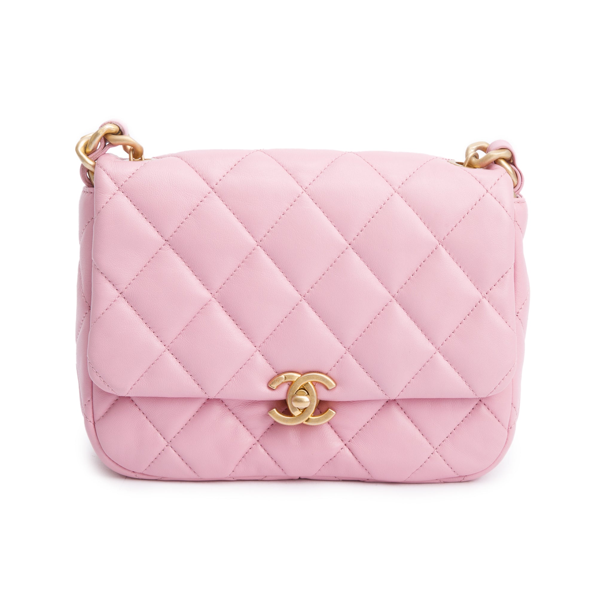 Chanel Pink Quilted Lambskin Leather Small Lacquered Chain Flap Bag