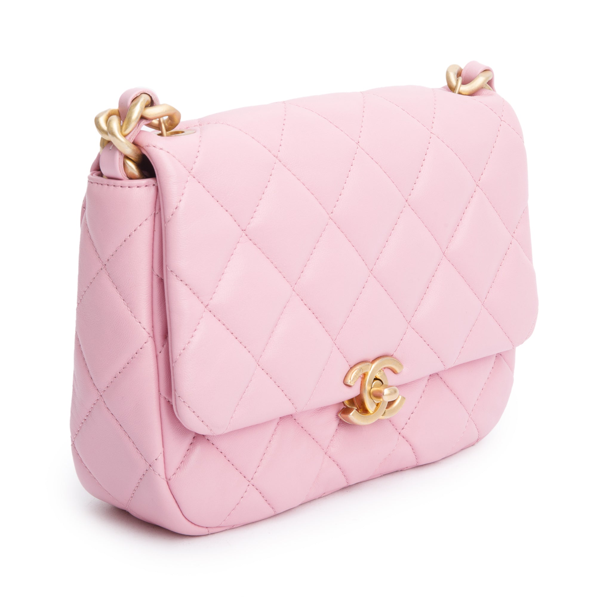 Chanel Pink Quilted Lambskin Leather Small Lacquered Chain Flap Bag