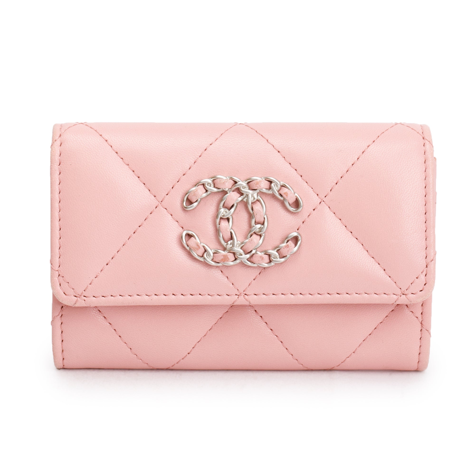 Chanel Pink Quilted Leather 19 Flap Card Holder w/ Box