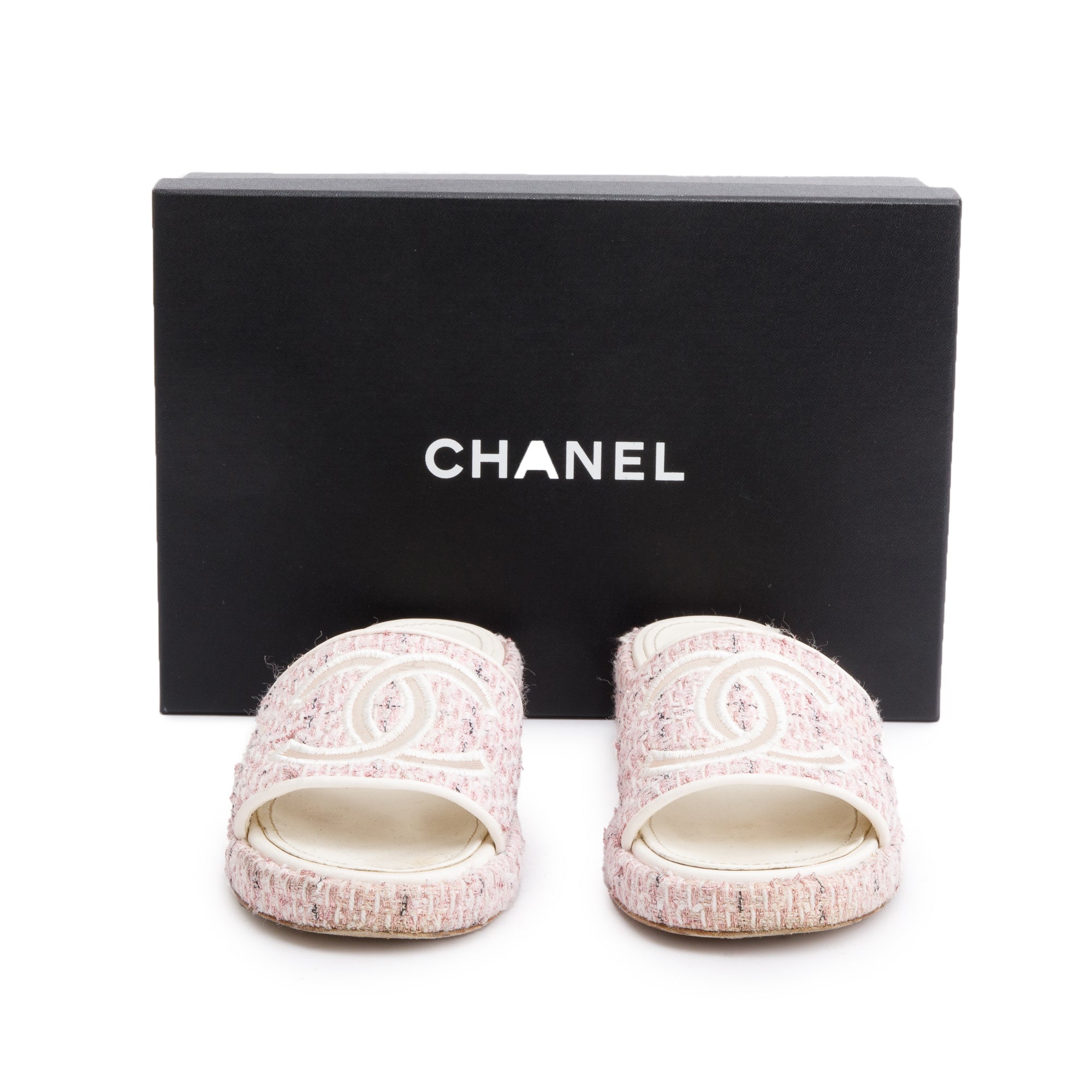 Chanel Pink Tweed CC Logo Slides, Size 40 w/ Box