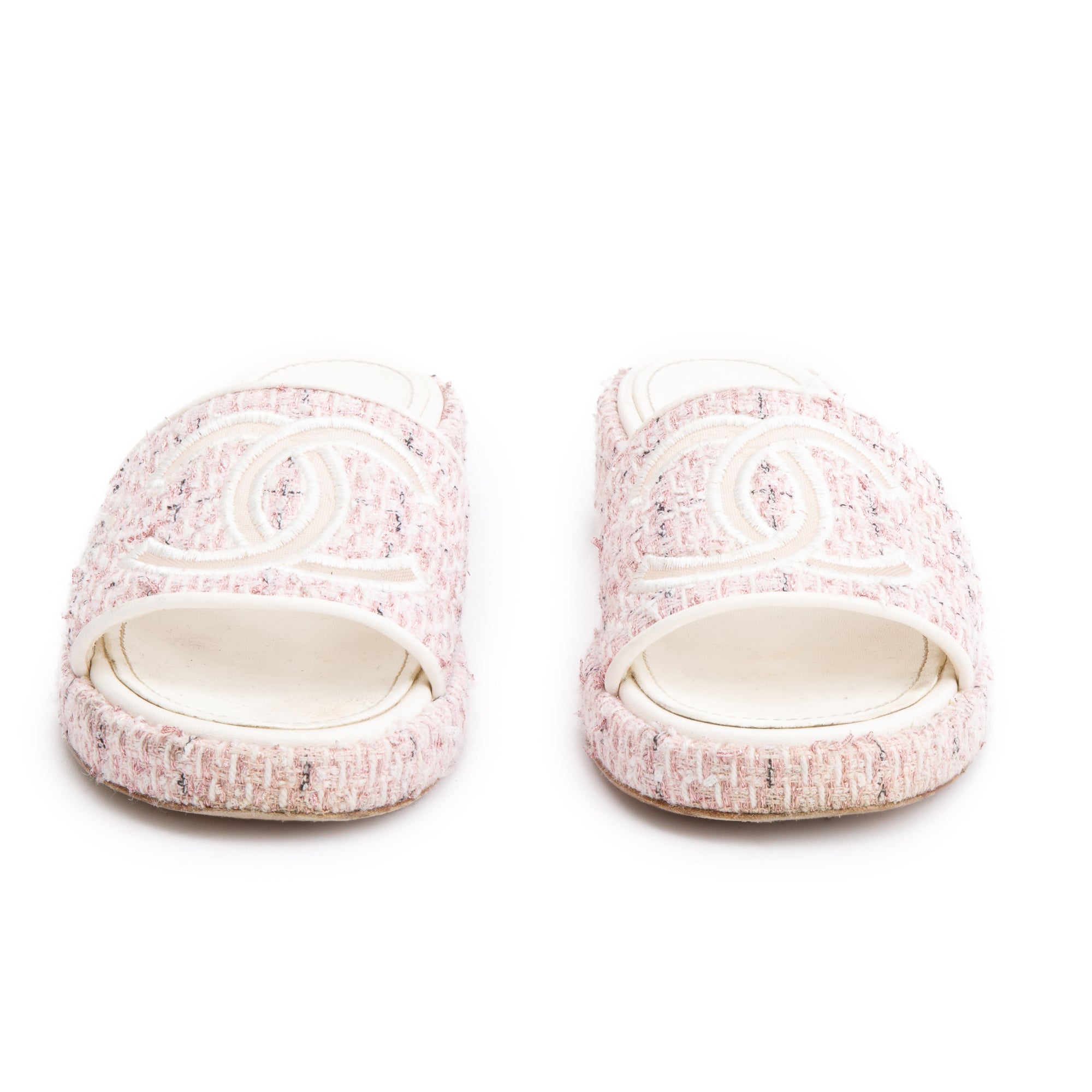Chanel Pink Tweed CC Logo Slides, Size 40 w/ Box