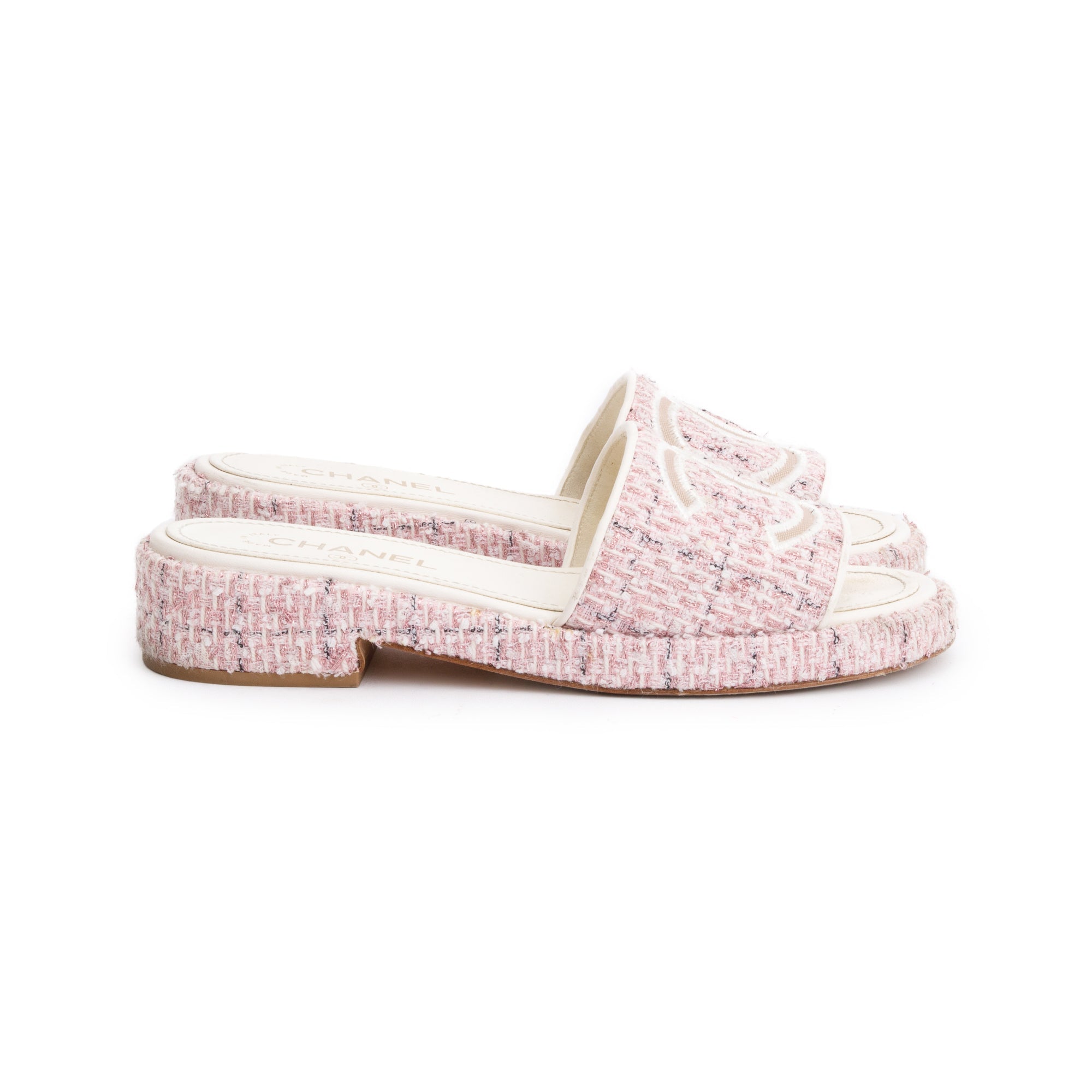Chanel Pink Tweed CC Logo Slides, Size 40 w/ Box
