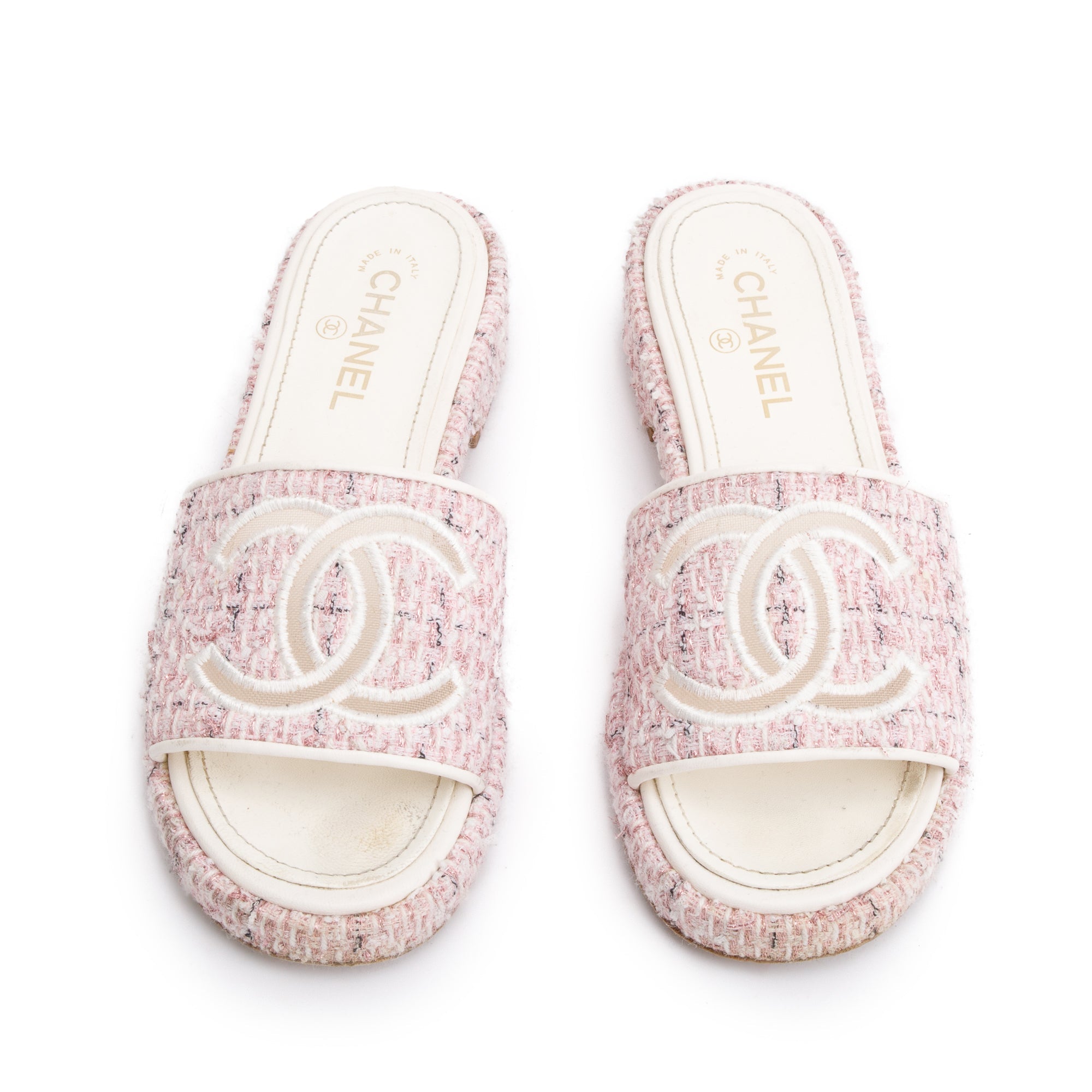 Chanel Pink Tweed CC Logo Slides, Size 40 w/ Box