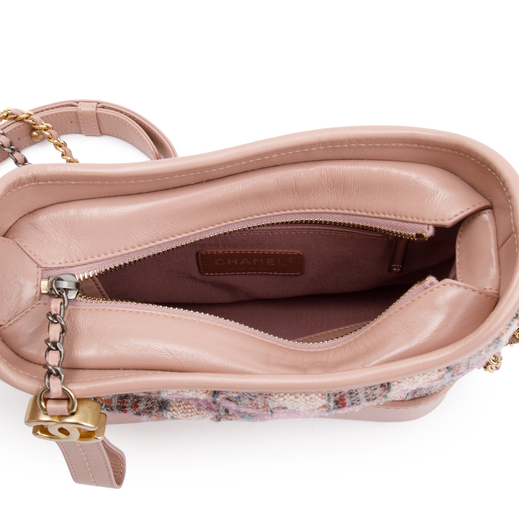 Chanel Pink Tweed Calfskin Leather Small Gabrielle Hobo w/ Authenticity Card