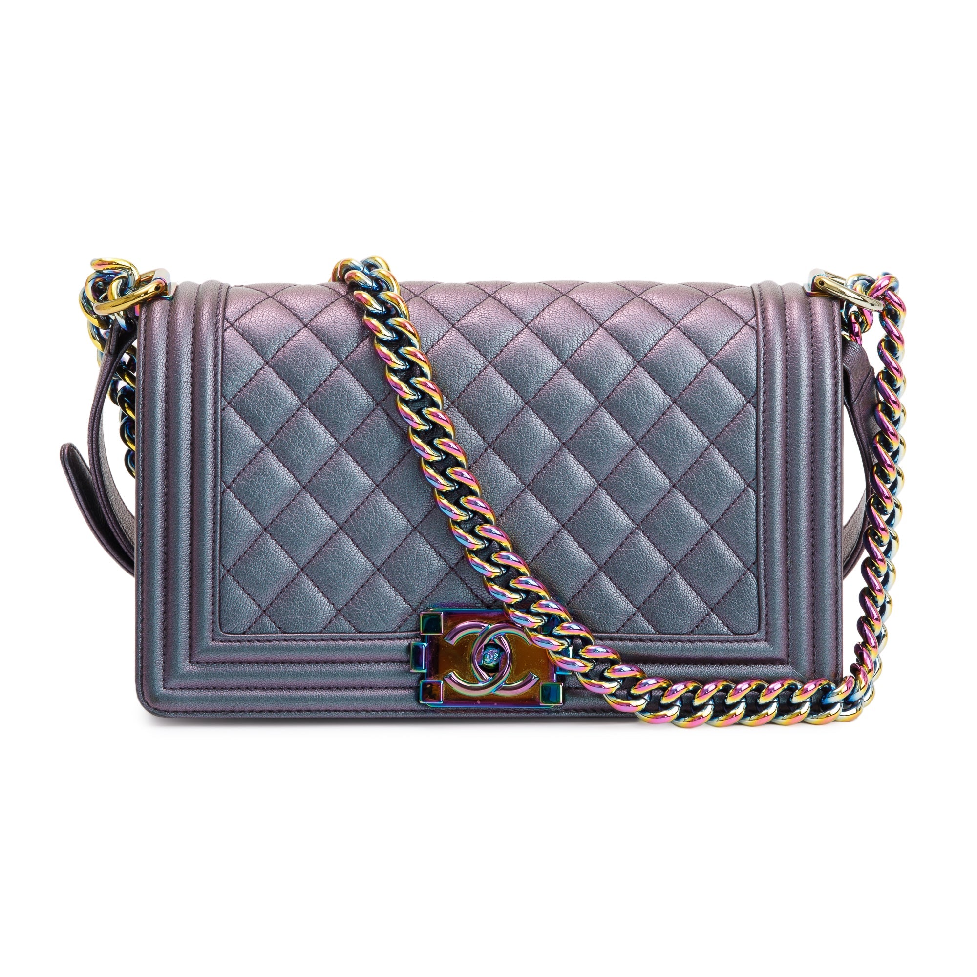 Chanel Purple Iridescent Quilted Calfskin Leather Medium Boy Bag w/ Box, Receipt & Authenticity Card
