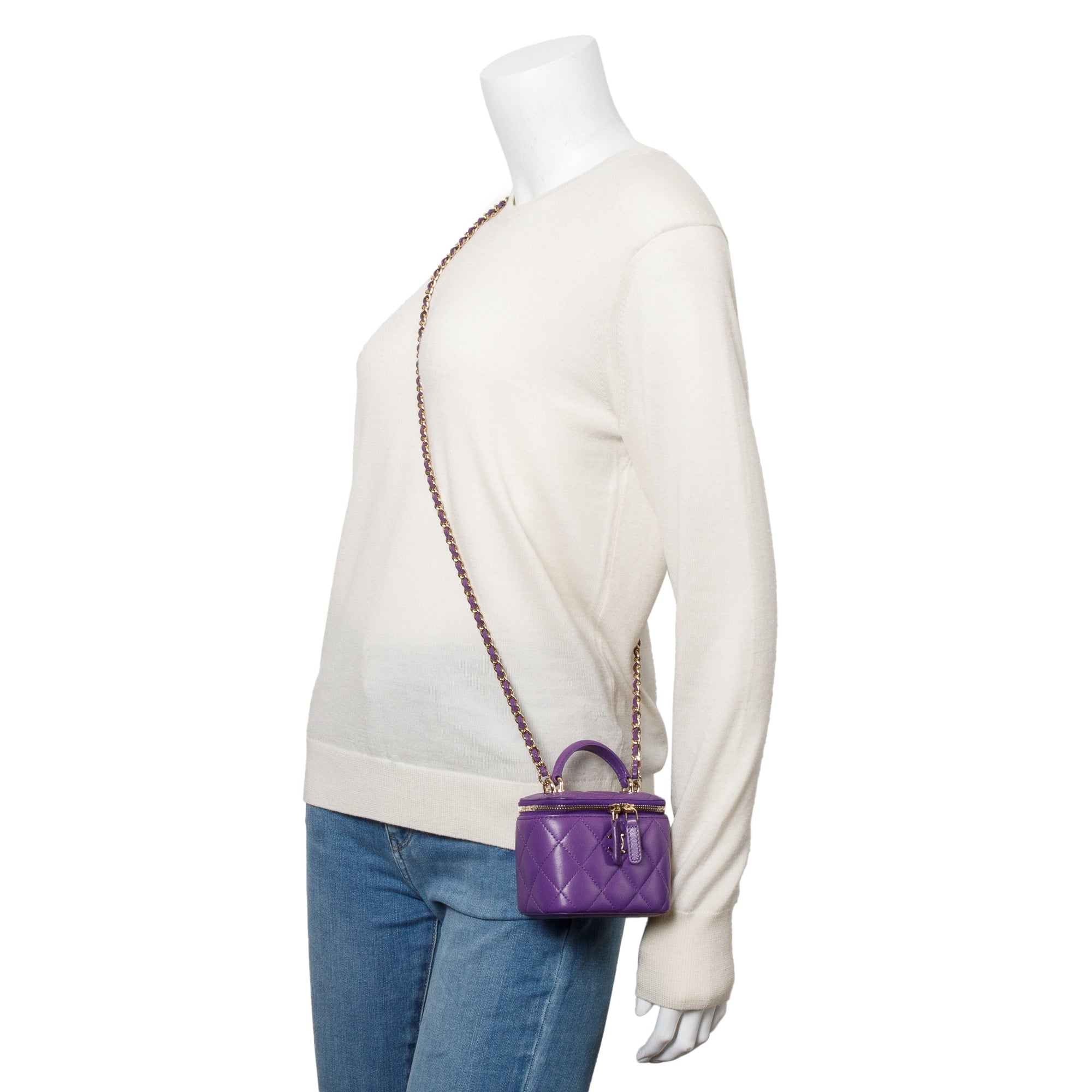 Chanel Purple Lambskin Leather Mini Top Handle Vanity Case w/ Chain