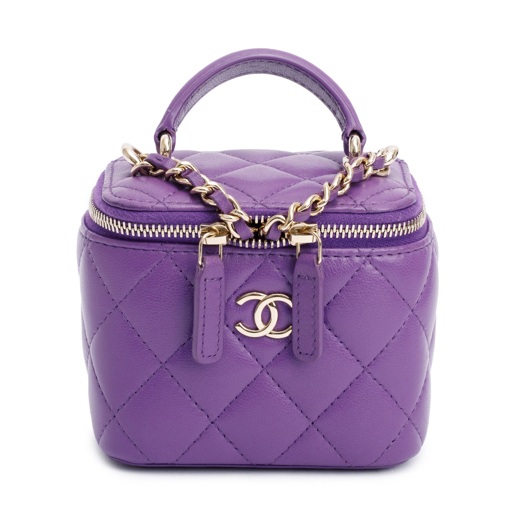 Chanel Purple Lambskin Leather Mini Top Handle Vanity Case w/ Chain