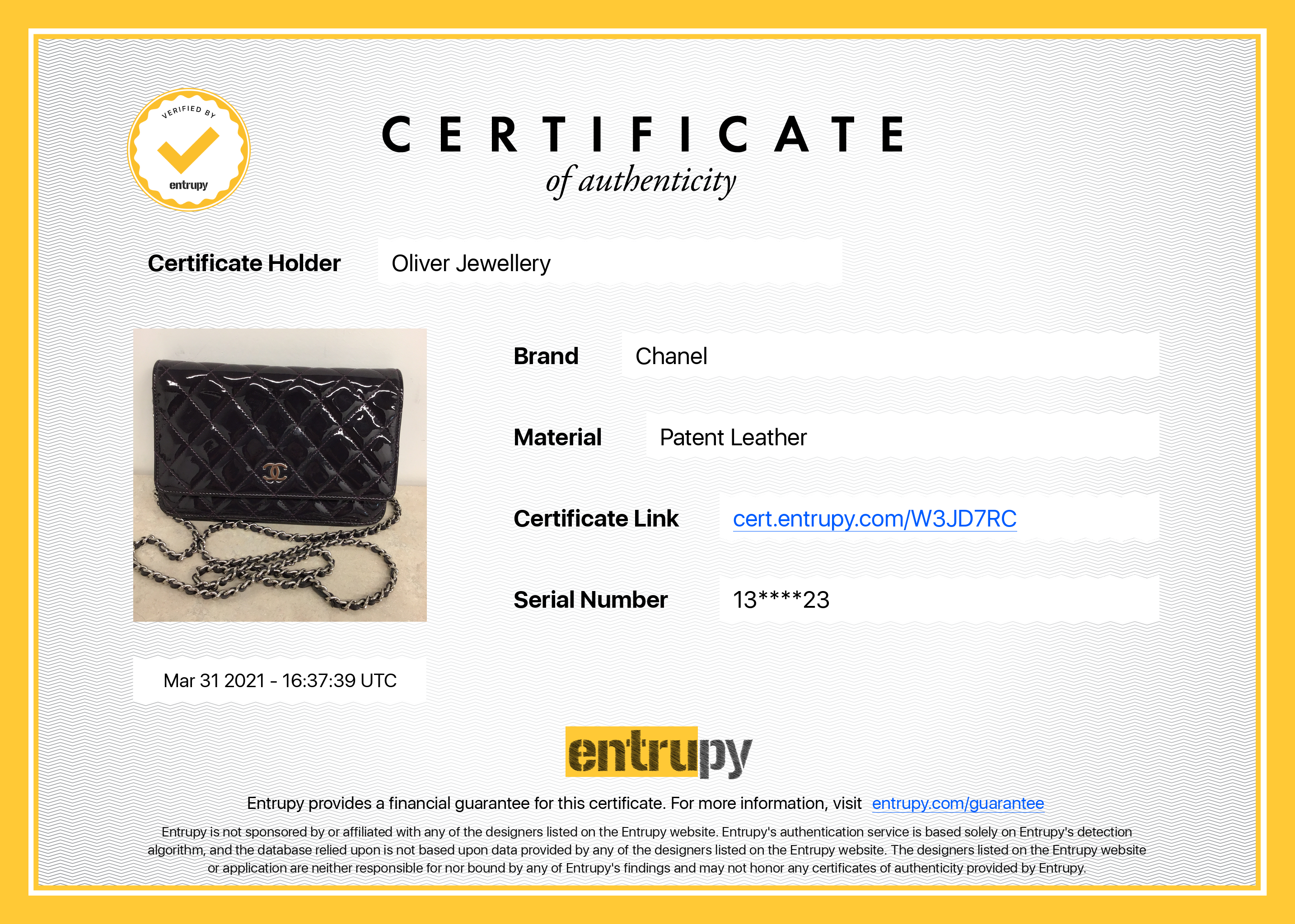 Chanel Purple Patent Classic Wallet on Chain w/ Box