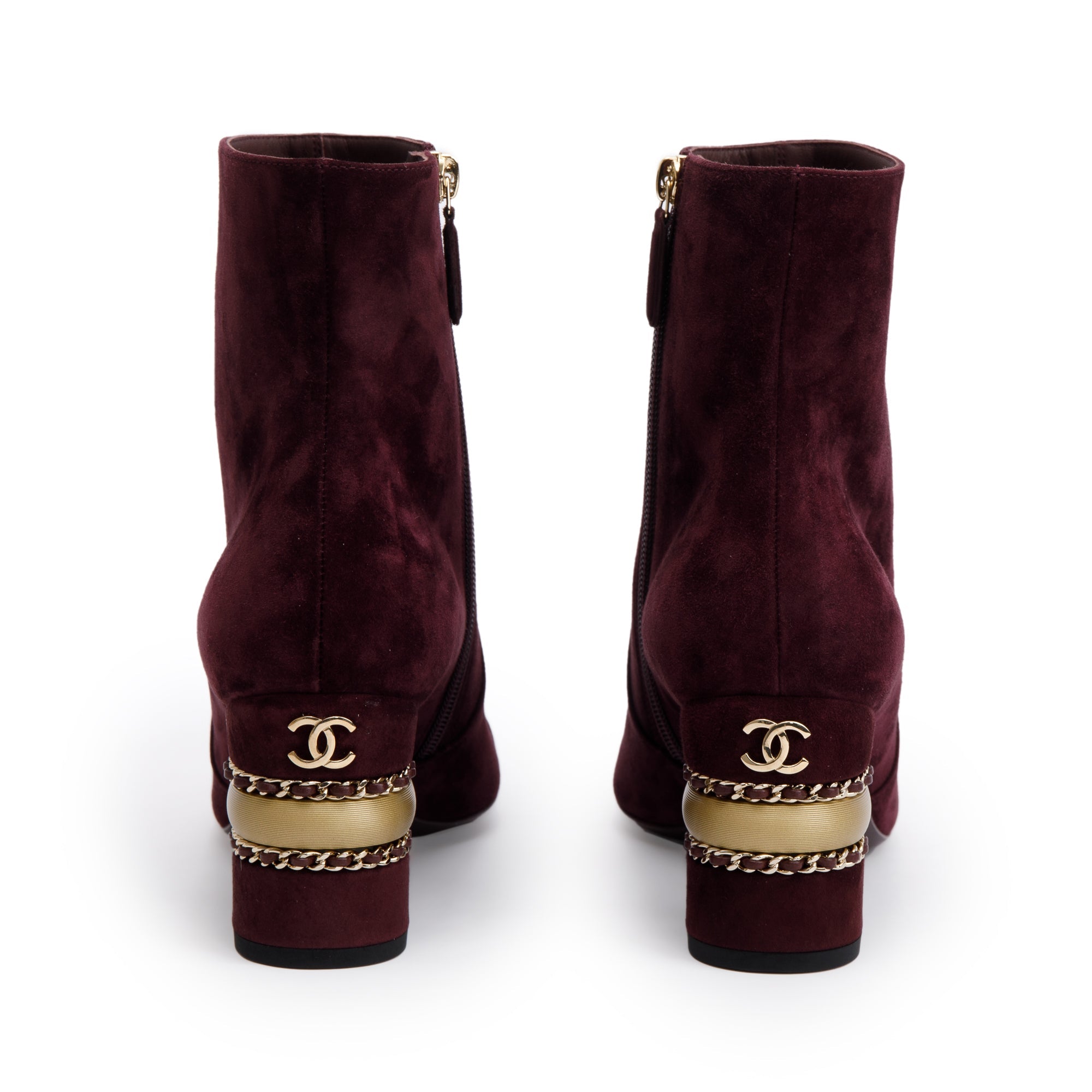 Chanel Purple Suede Interlocking CC Logo Chain Ankle Boots, Size 40 w/ Box