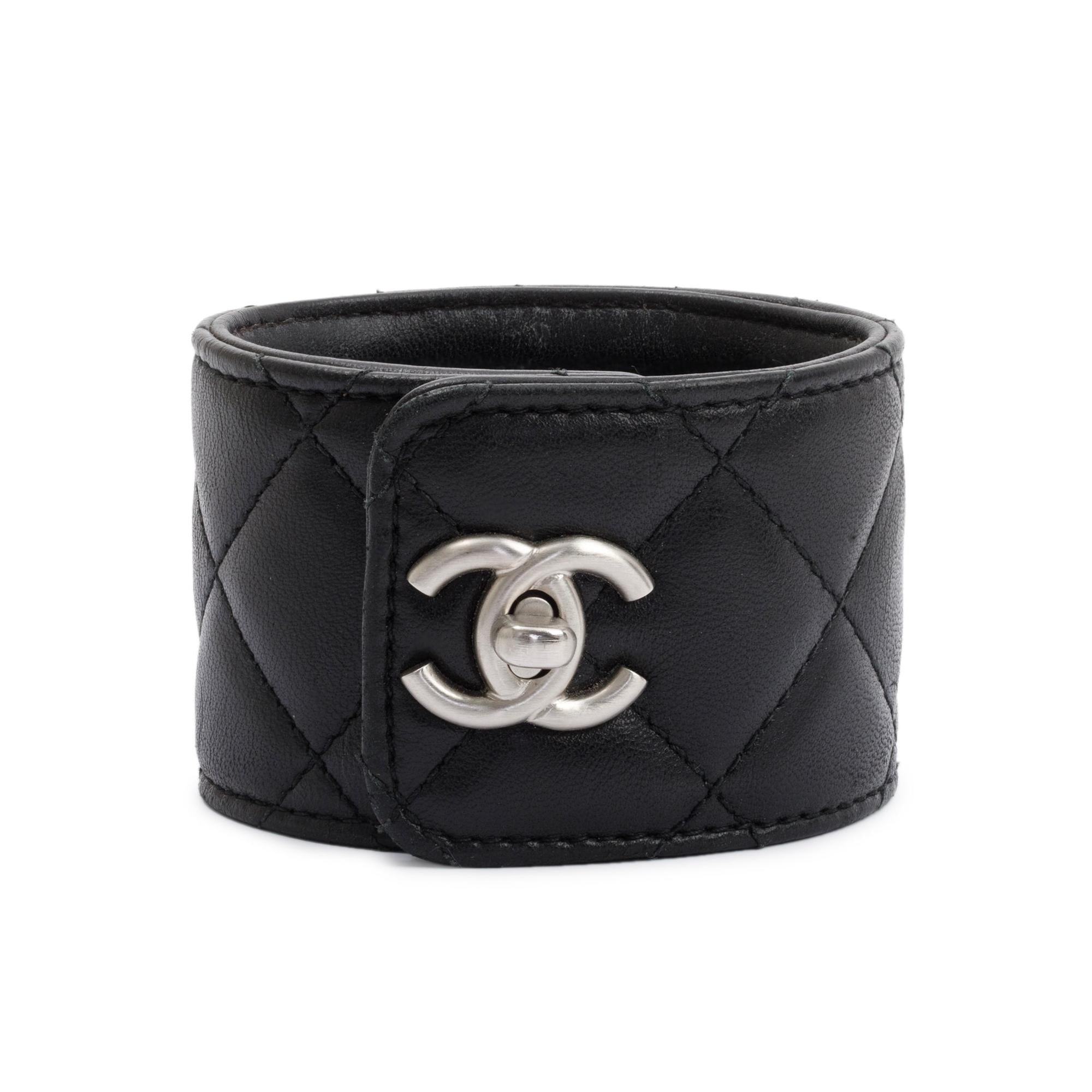 Chanel Quilted Black Lambskin Leather Turn-Lock CC Bracelet