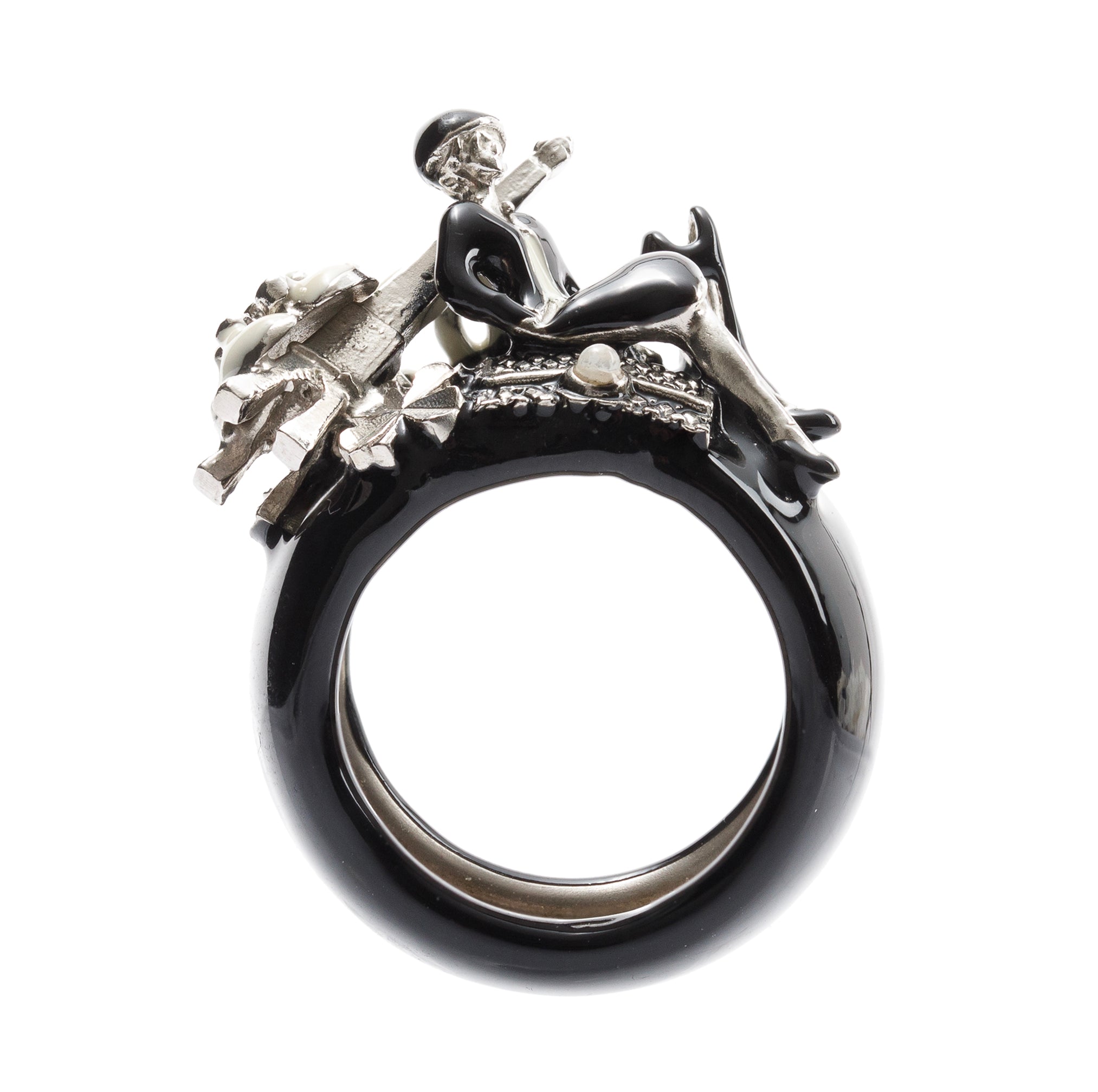 Chanel Rare Matelasse Eiffel Tower Camellia Coco Black Resin Mark Mule Iconic Ring