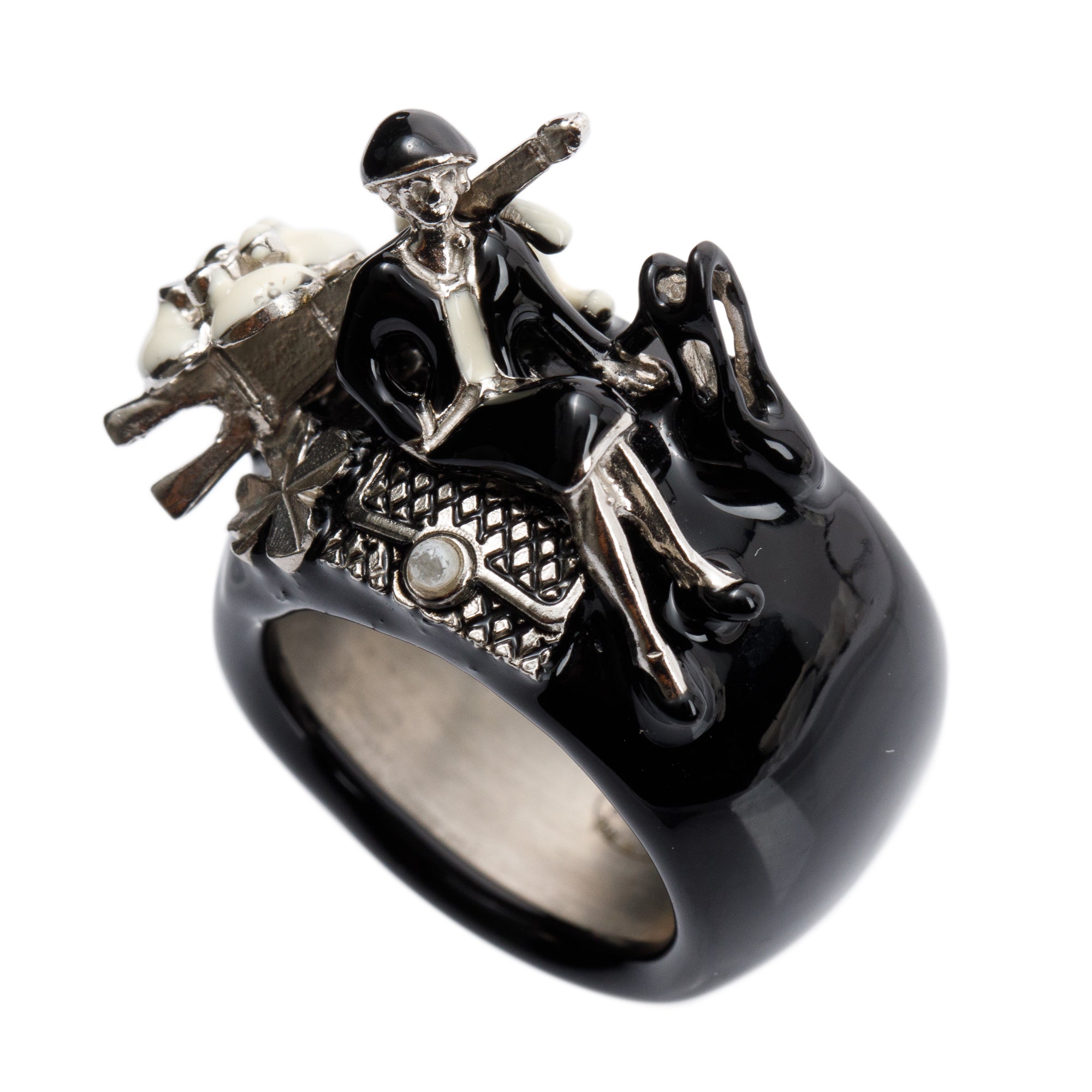 Chanel Rare Matelasse Eiffel Tower Camellia Coco Black Resin Mark Mule Iconic Ring