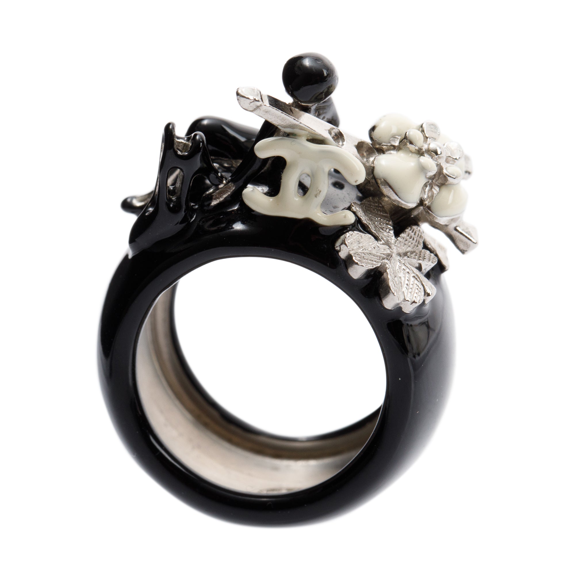 Chanel Rare Matelasse Eiffel Tower Camellia Coco Black Resin Mark Mule Iconic Ring