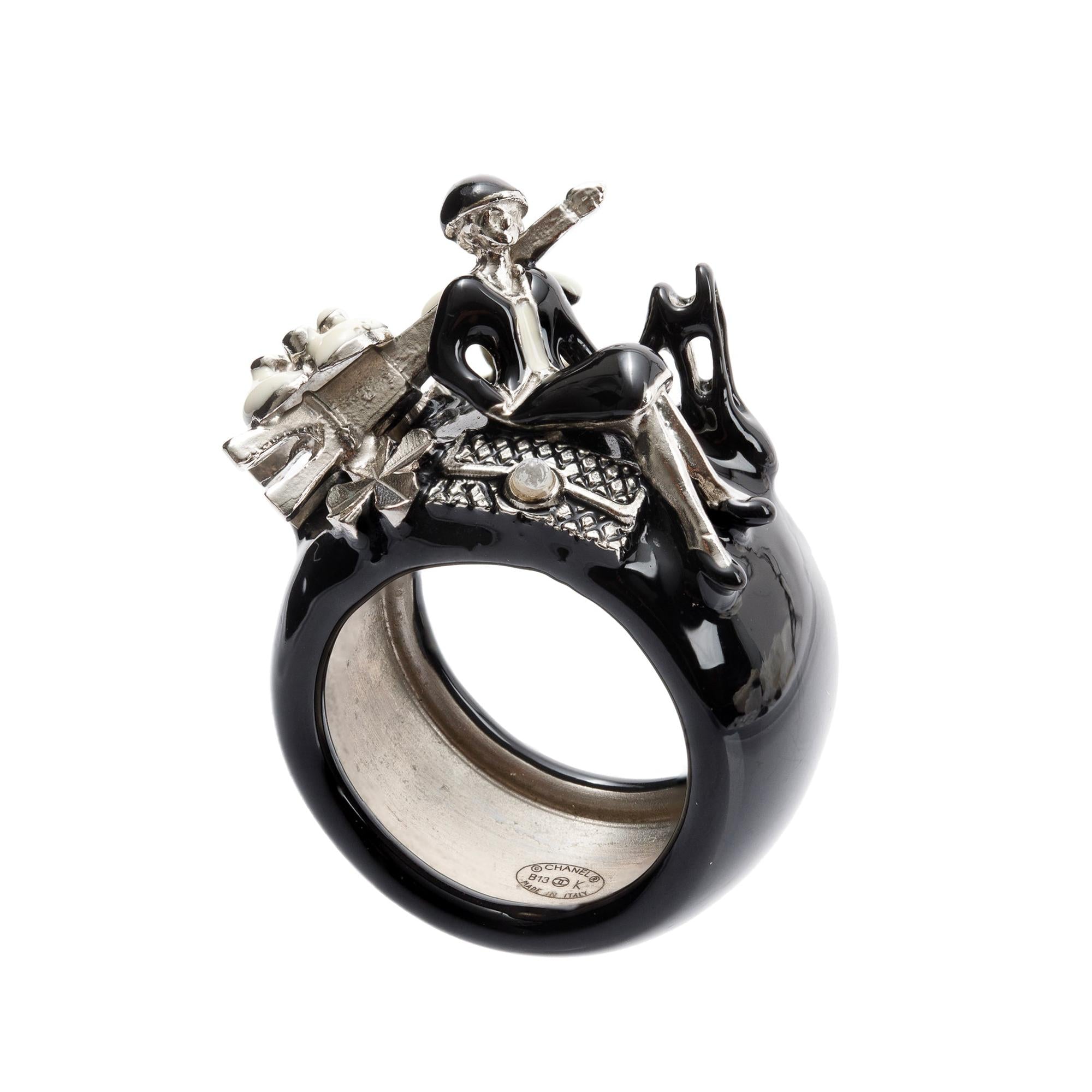 Chanel Rare Matelasse Eiffel Tower Camellia Coco Black Resin Mark Mule Iconic Ring