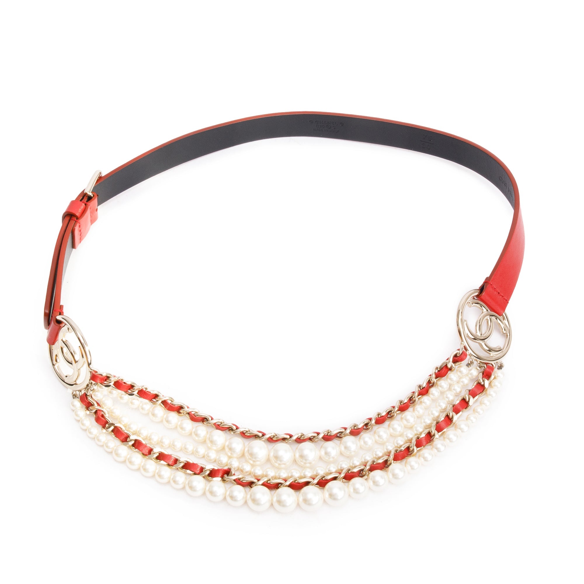Chanel Red Calfskin Leather CC Pearl Belt 75 30