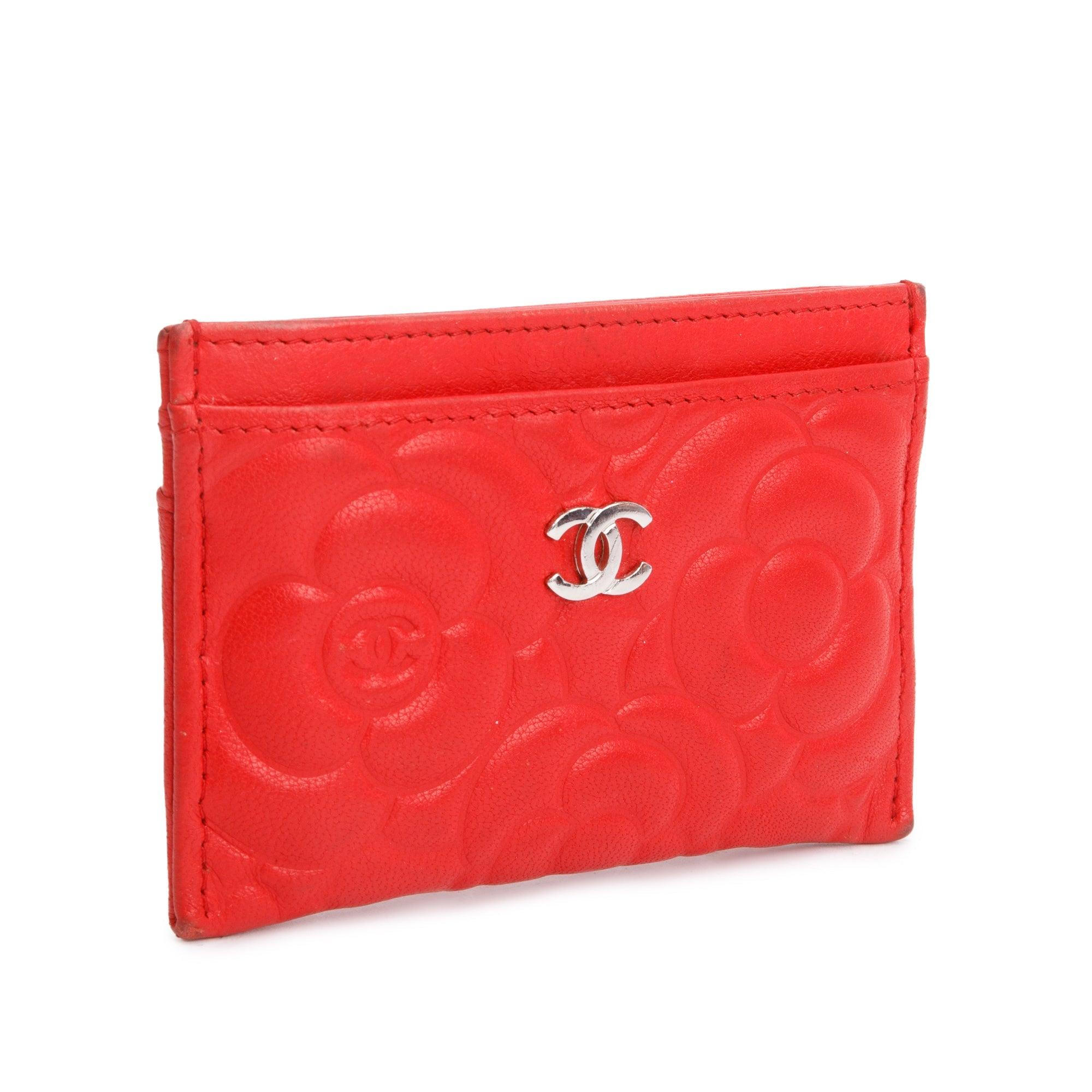 Chanel Red Camellia Embossed Lambskin Leather Classic Card Holder w/ Box & Authenticity Card
