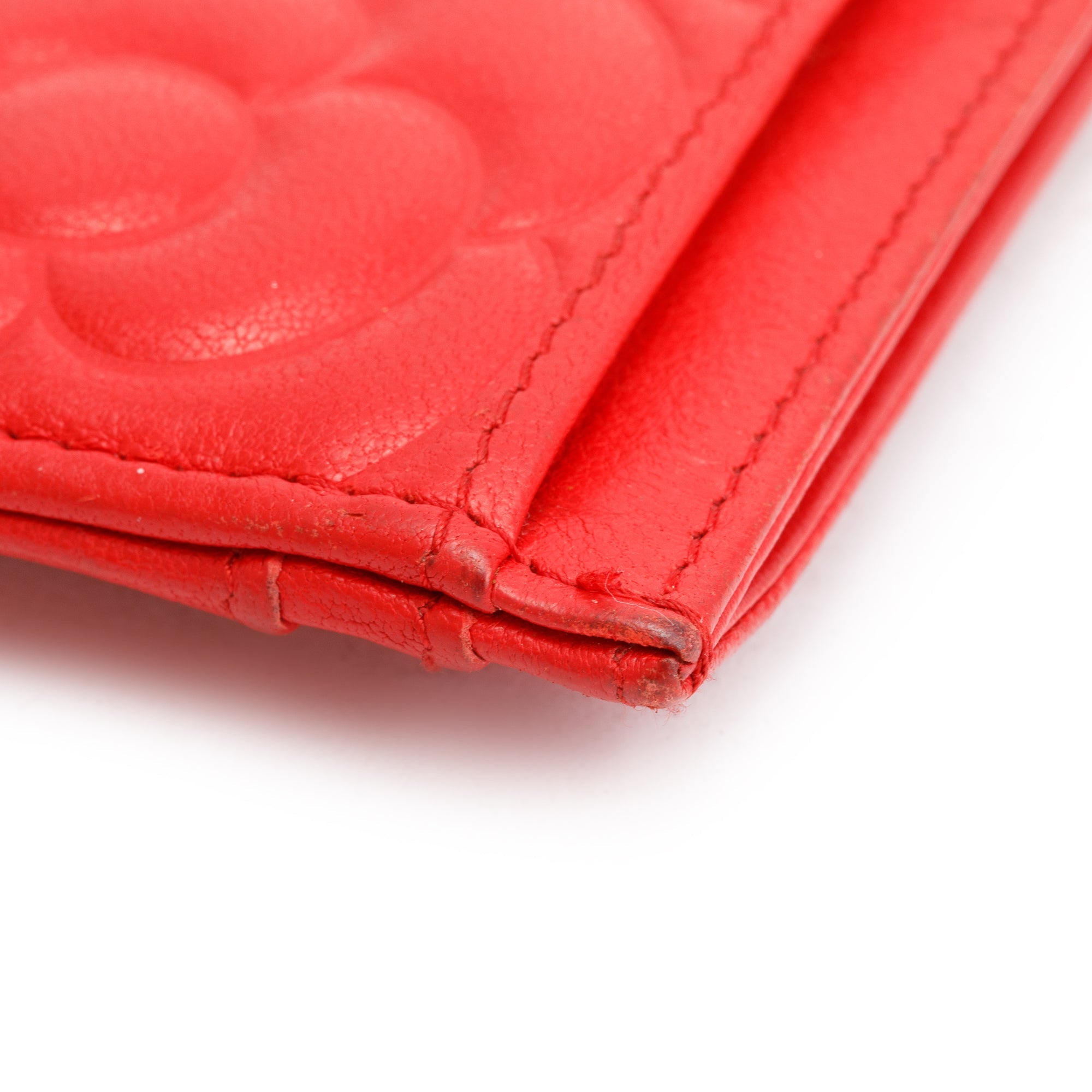 Chanel Red Camellia Embossed Lambskin Leather Classic Card Holder w/ Box & Authenticity Card