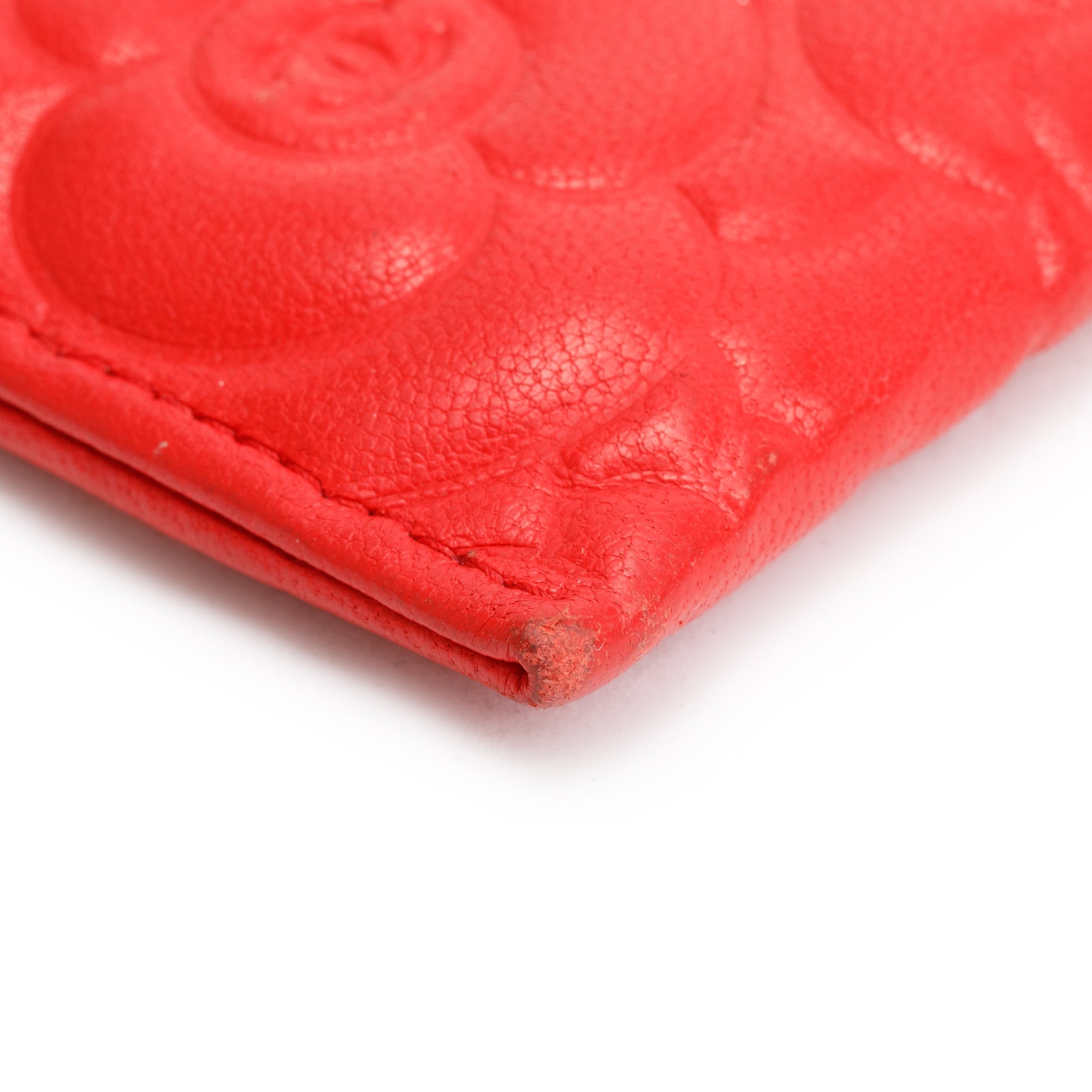 Chanel Red Camellia Embossed Lambskin Leather Classic Card Holder w/ Box & Authenticity Card