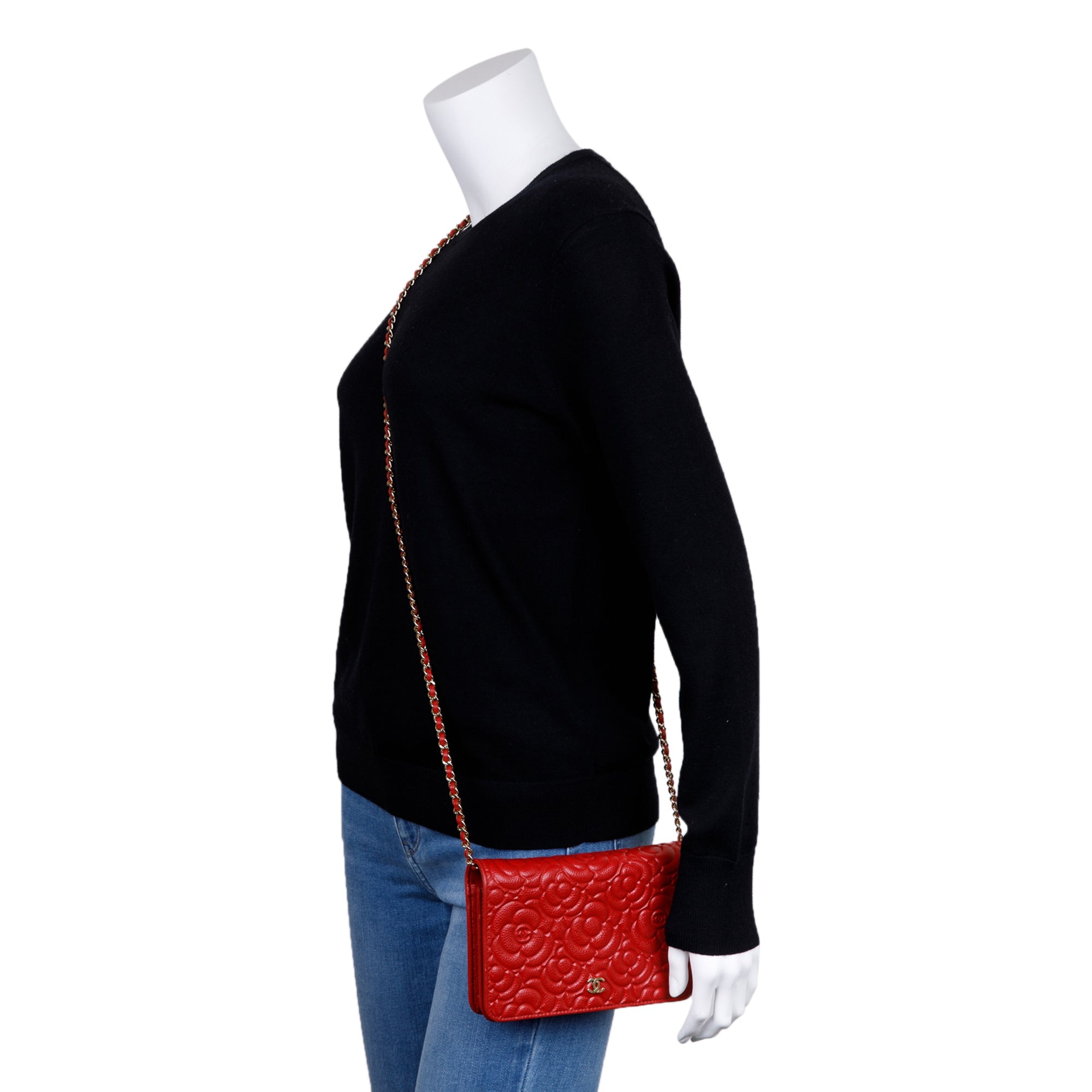 Chanel Red Caviar Camelia Wallet on Chain w/ Authenticity Card