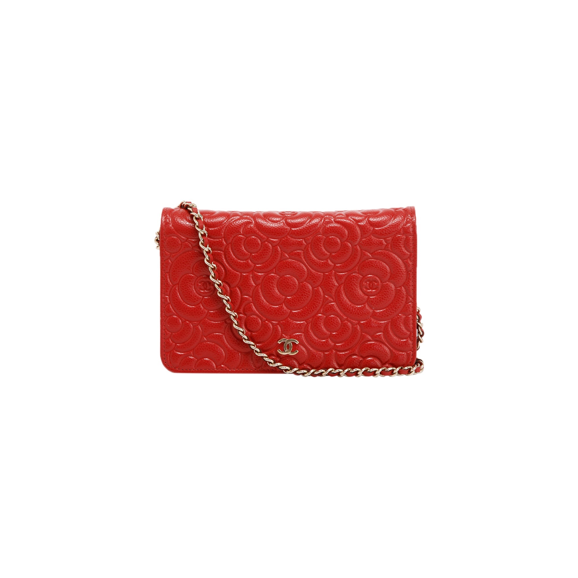 Chanel Red Caviar Camelia Wallet on Chain w/ Authenticity Card