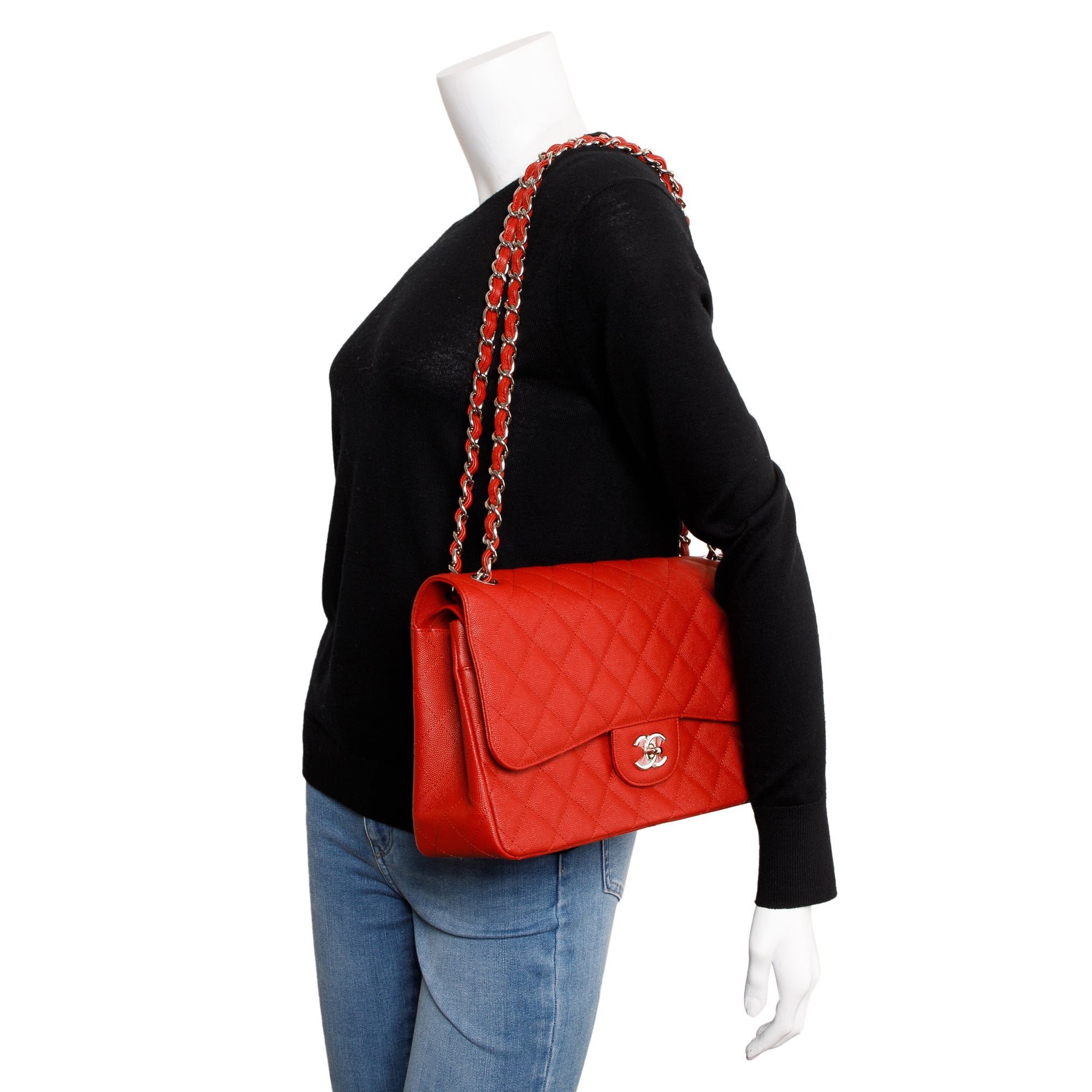 Chanel Red Caviar Classic Jumbo Double Flap Bag w/ Authenticity Card