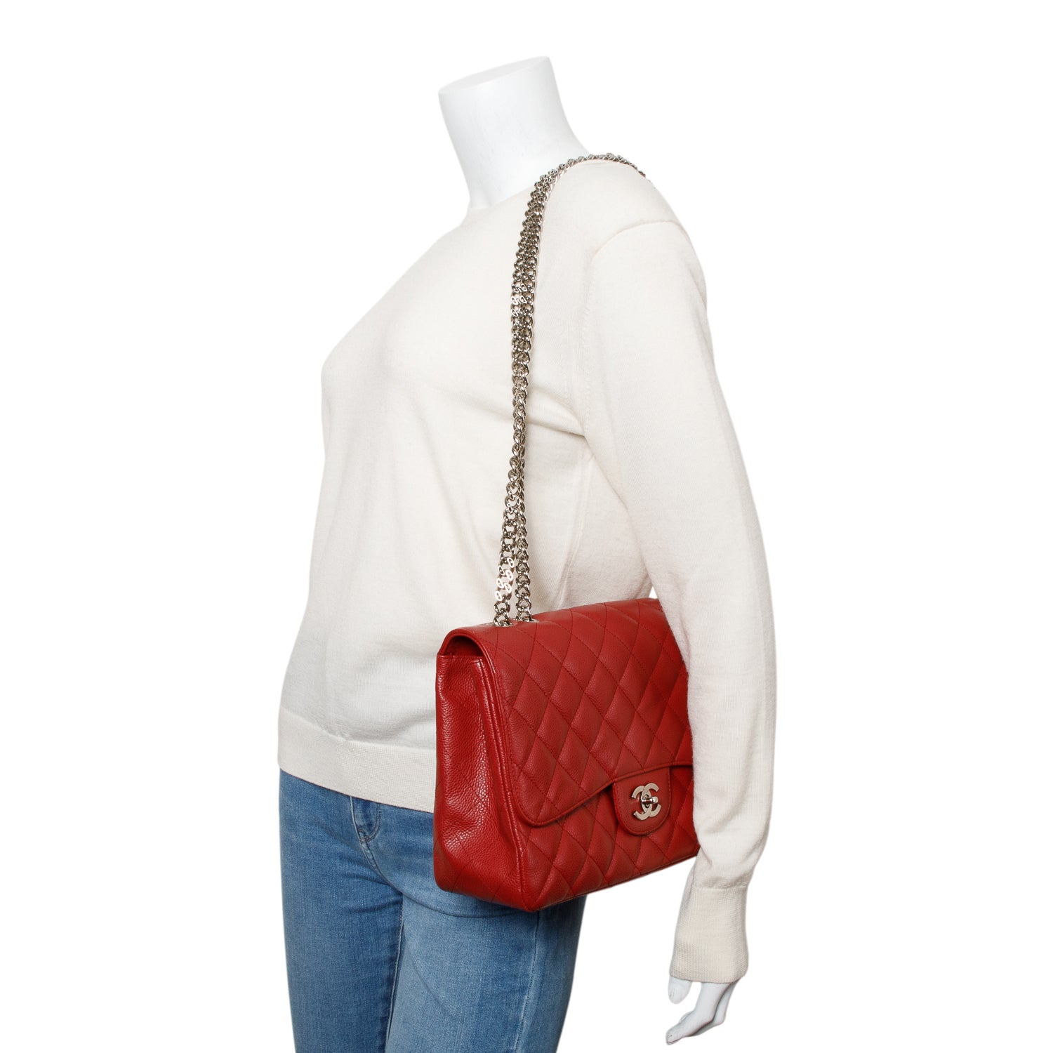 Chanel Red Caviar Classic Jumbo Single Flap Bag w/ Box & Authenticity Card