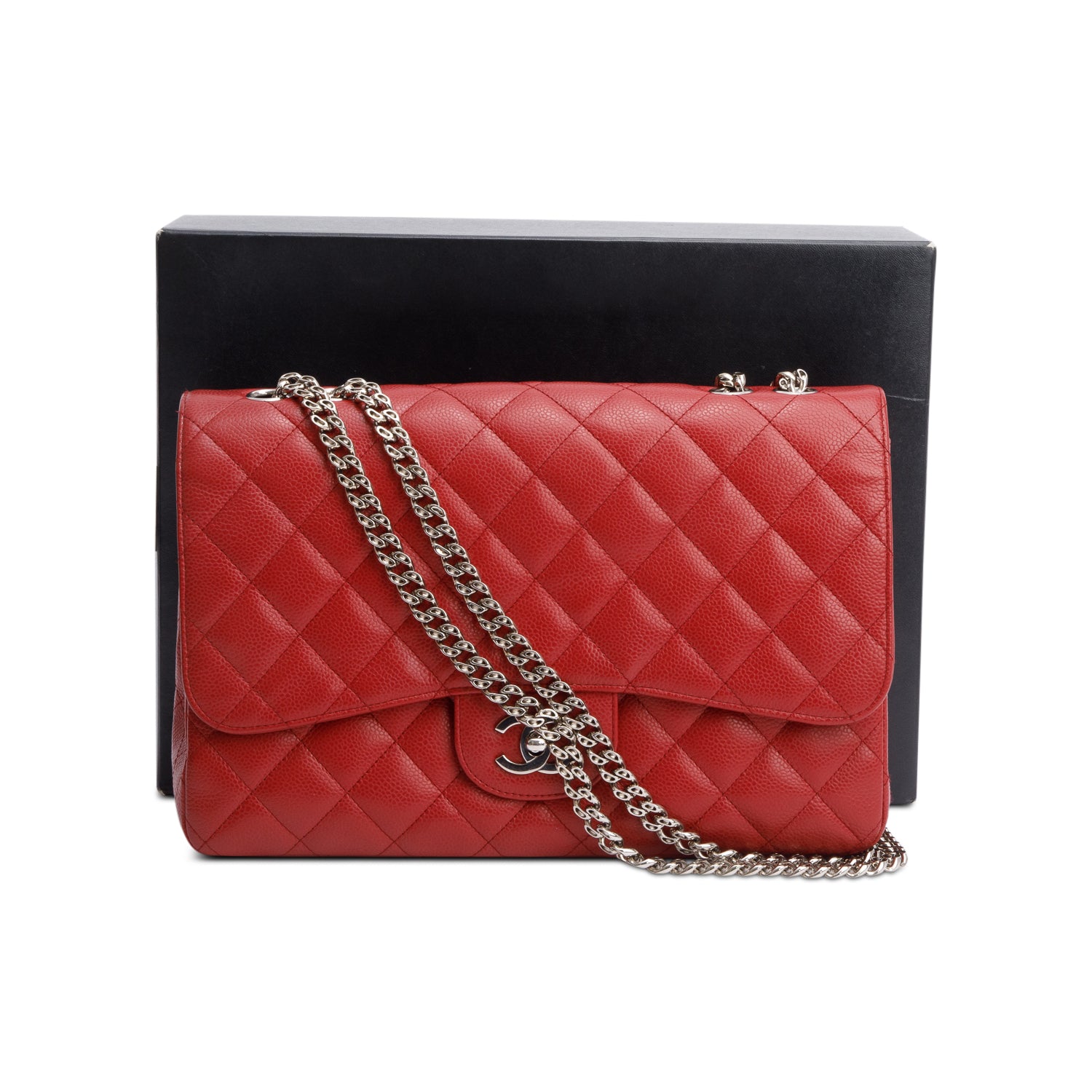 Chanel Red Caviar Classic Jumbo Single Flap Bag w/ Box & Authenticity Card