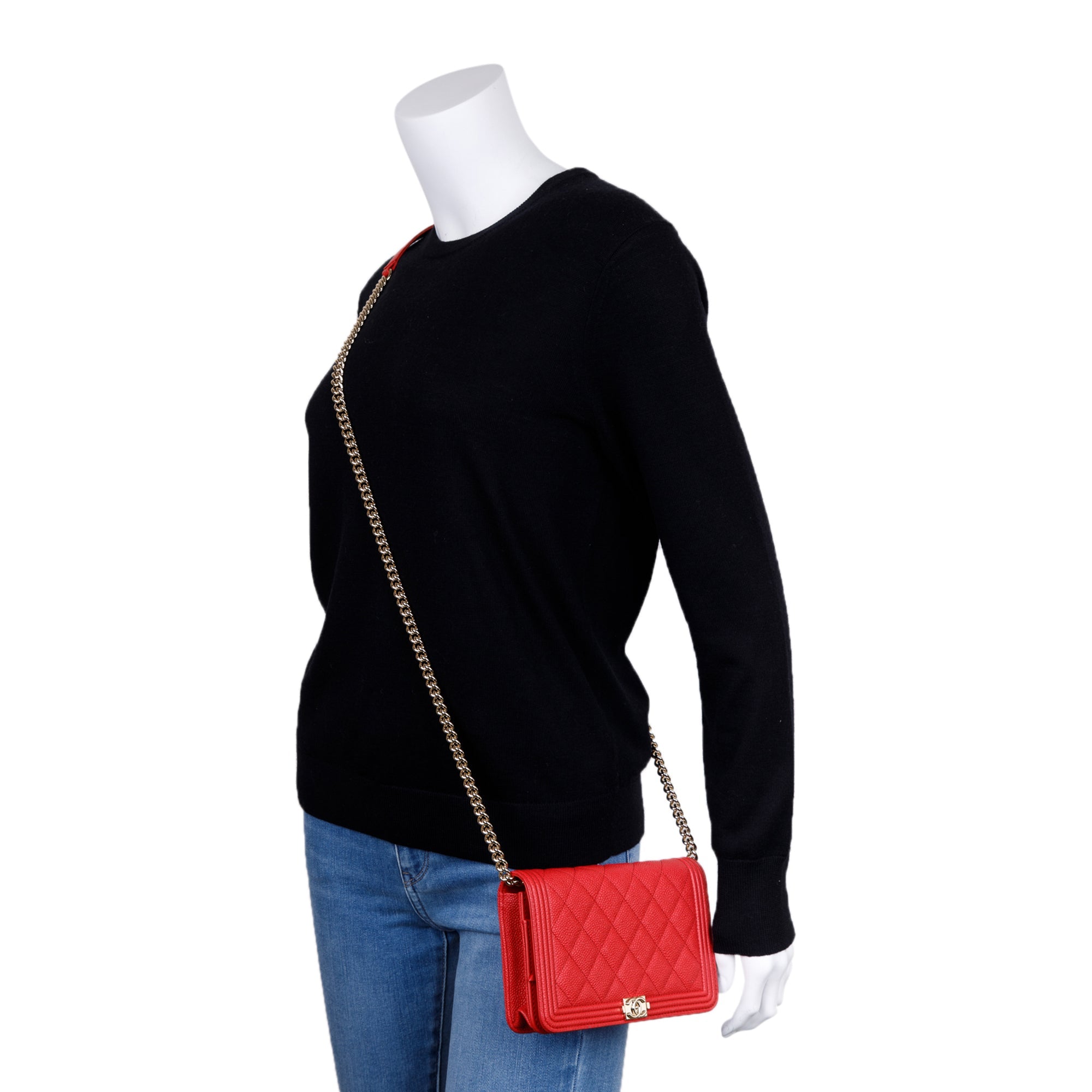 Chanel Red Caviar Leather Boy Wallet on Chain w/ Box & Authenticity Card